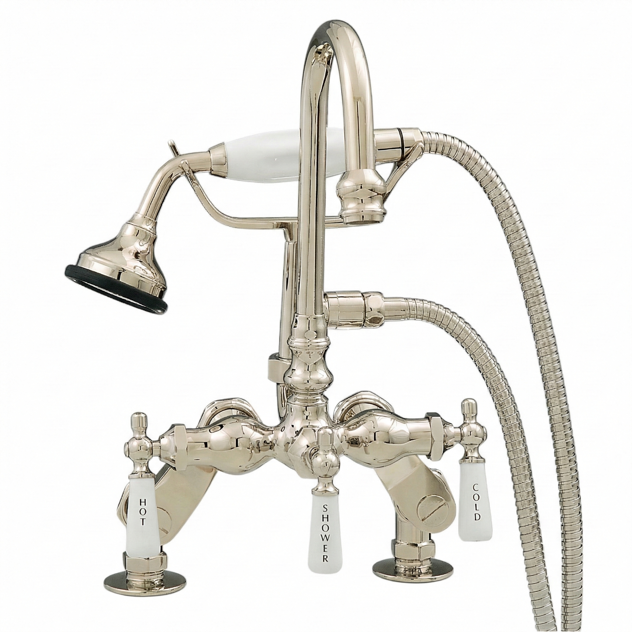 Deck Mount Gooseneck Tub Faucet w/ Handheld P0684 | Strom Living Polished Nickel - Tub Fillers