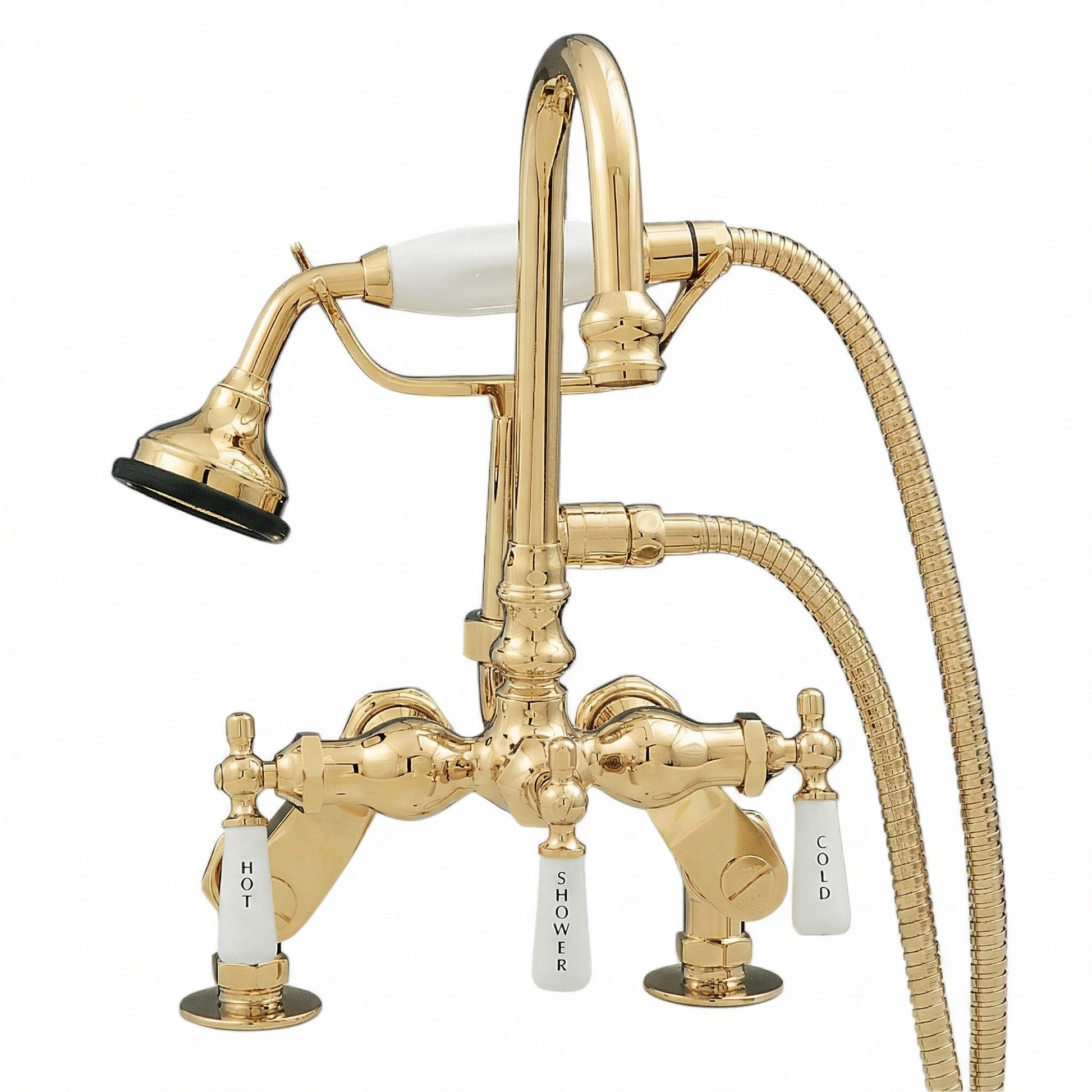 Deck Mount Gooseneck Tub Faucet w/ Handheld P0684 | Strom Living Polished Brass - Tub Fillers