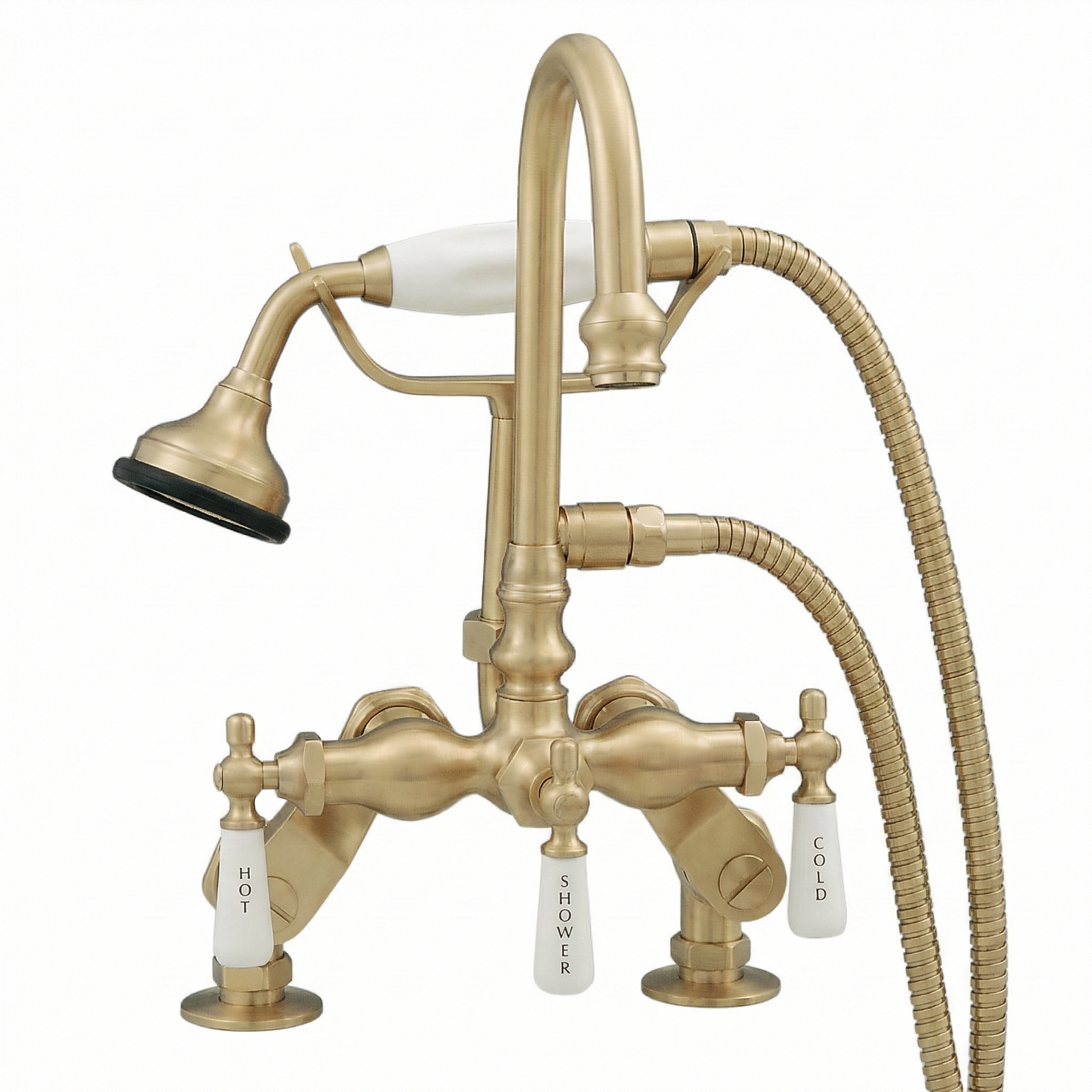 Deck Mount Gooseneck Tub Faucet w/ Handheld P0684 | Strom Living Raw Brass - Tub Fillers