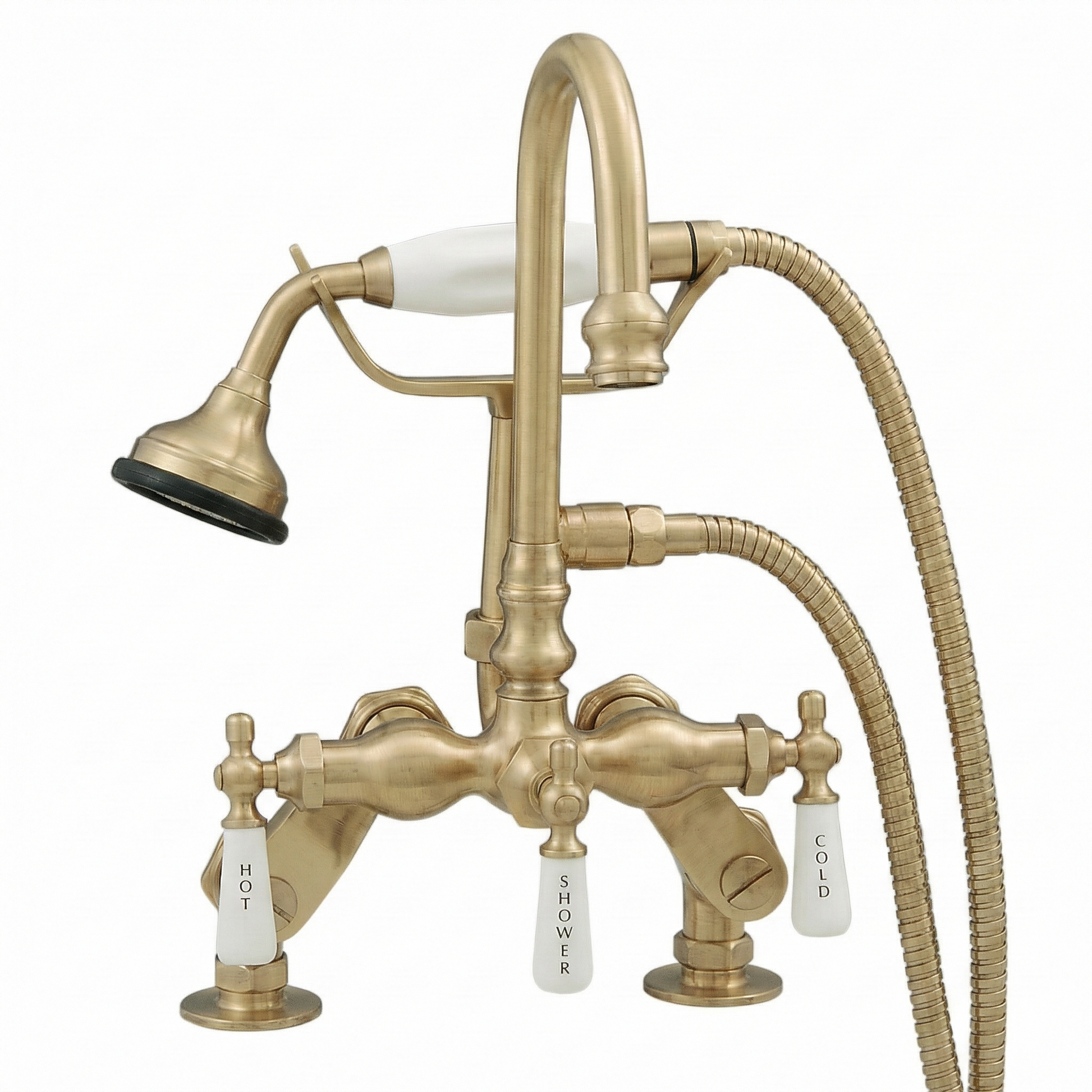 Deck Mount Gooseneck Tub Faucet w/ Handheld P0684 | Strom Living Satin Brass - Tub Fillers