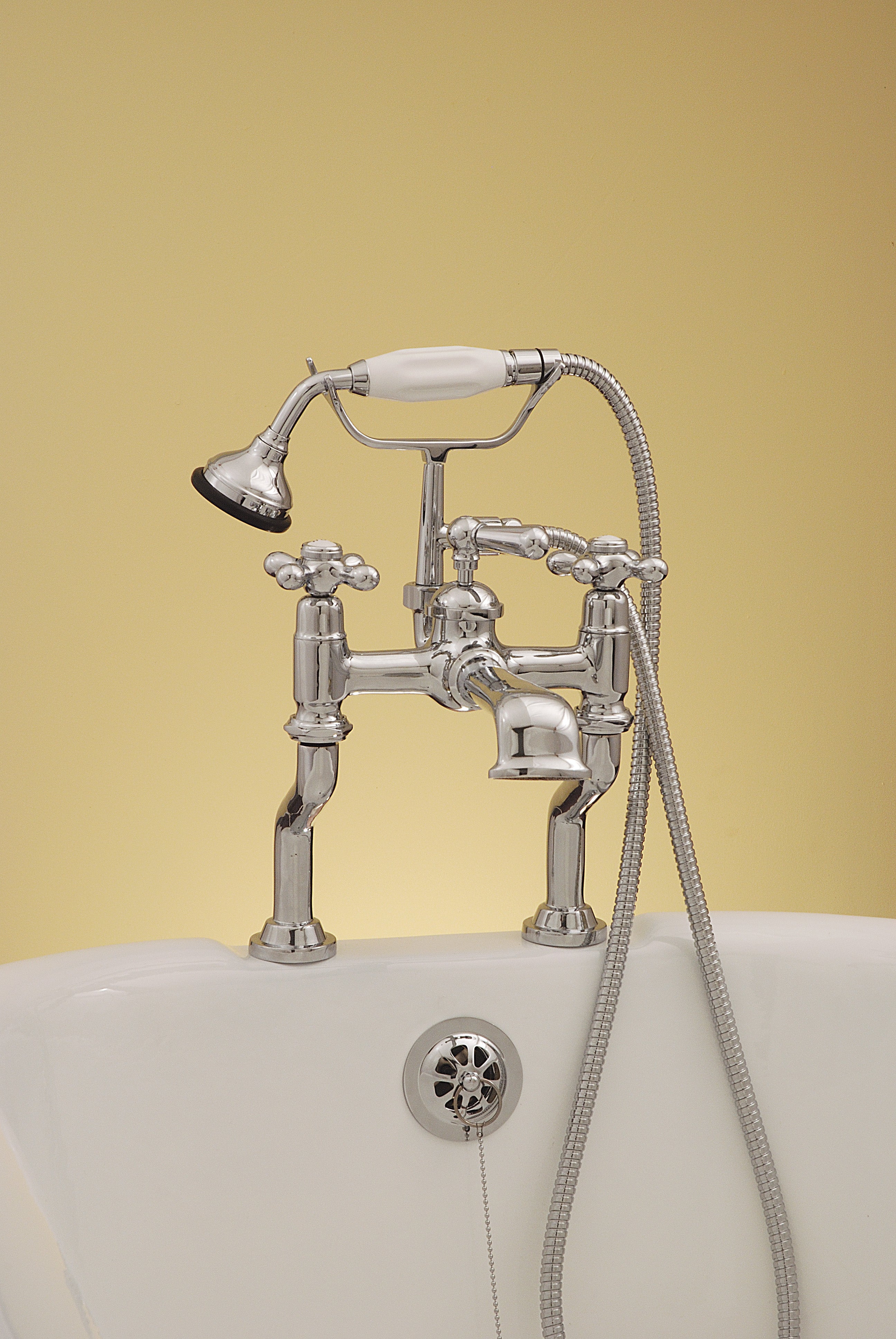 British Telephone Tub Faucet with Handheld Shower, Vacuum Breaker and Cross Handles P0795 | Strom Living