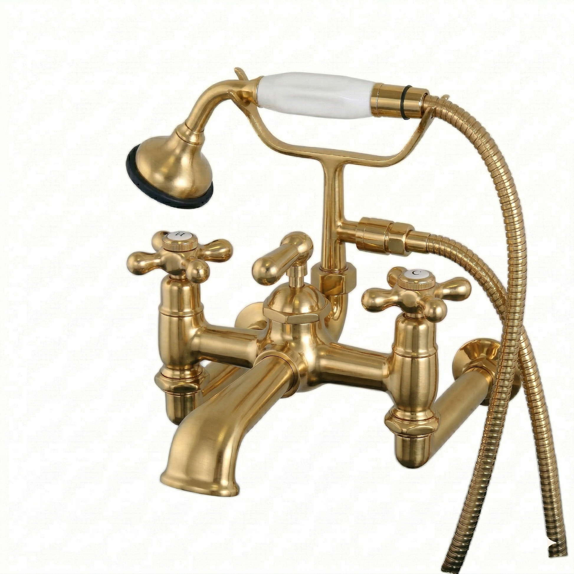Wall Mount Tub Faucet w/ Handheld Shower P0905 | Strom Living Satin Brass - Tub Fillers