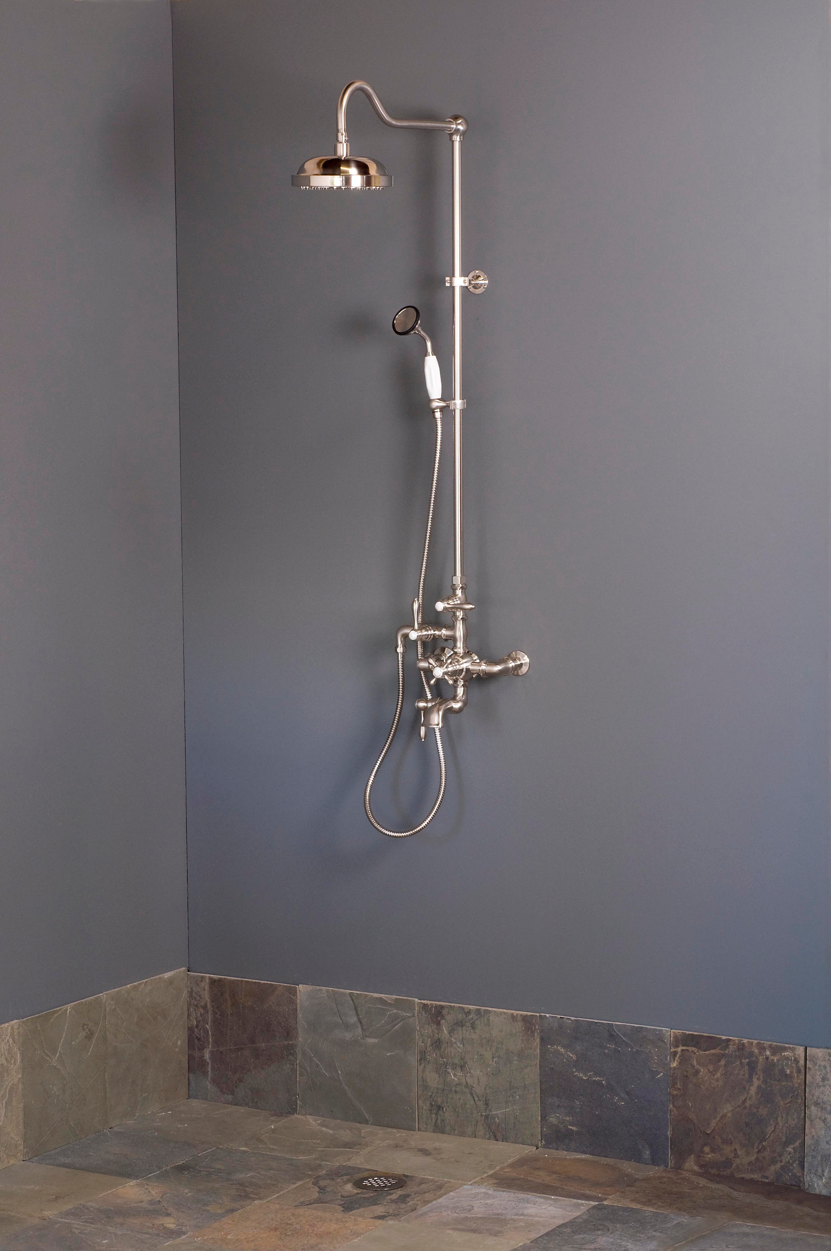 Exposed Thermostatic Shower System Wall Mounted with 1.75 GPM Tub Filler Handshower and Lever/Cross Handles