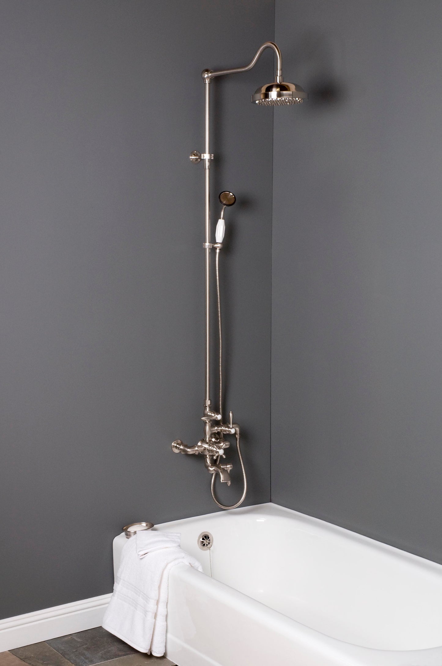 Exposed Thermostatic Shower System Wall Mounted with 1.75 GPM Tub Filler Handshower and Lever/Cross Handles