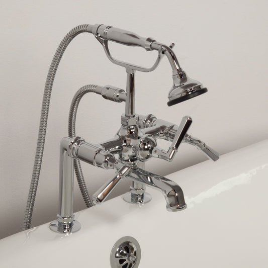 Strom Living British Telephone Deck Mount Tub Faucet with Handheld Shower and Deco Lever Handles