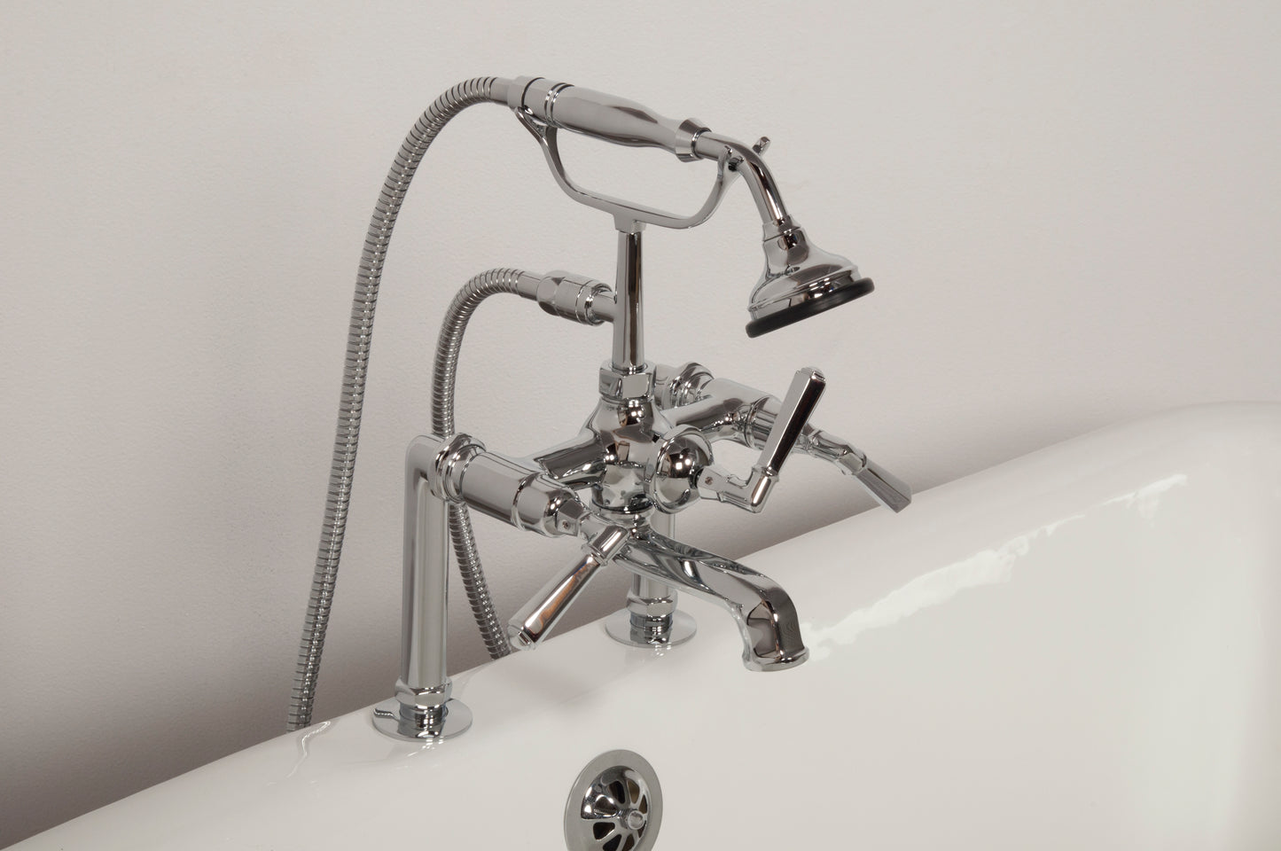 Strom Living British Telephone Deck Mount Tub Faucet with Handheld Shower and Deco Lever Handles