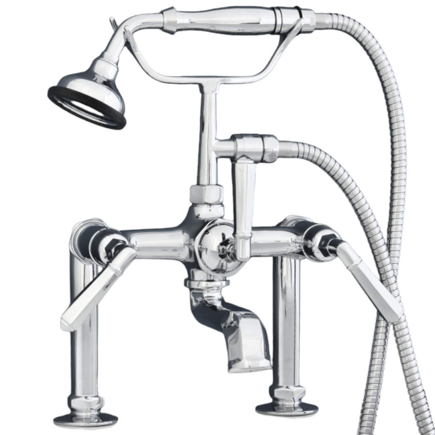 British Telephone Deck Mount Tub Faucet with Handheld Shower and Deco Lever Handles P1009 | Strom Living