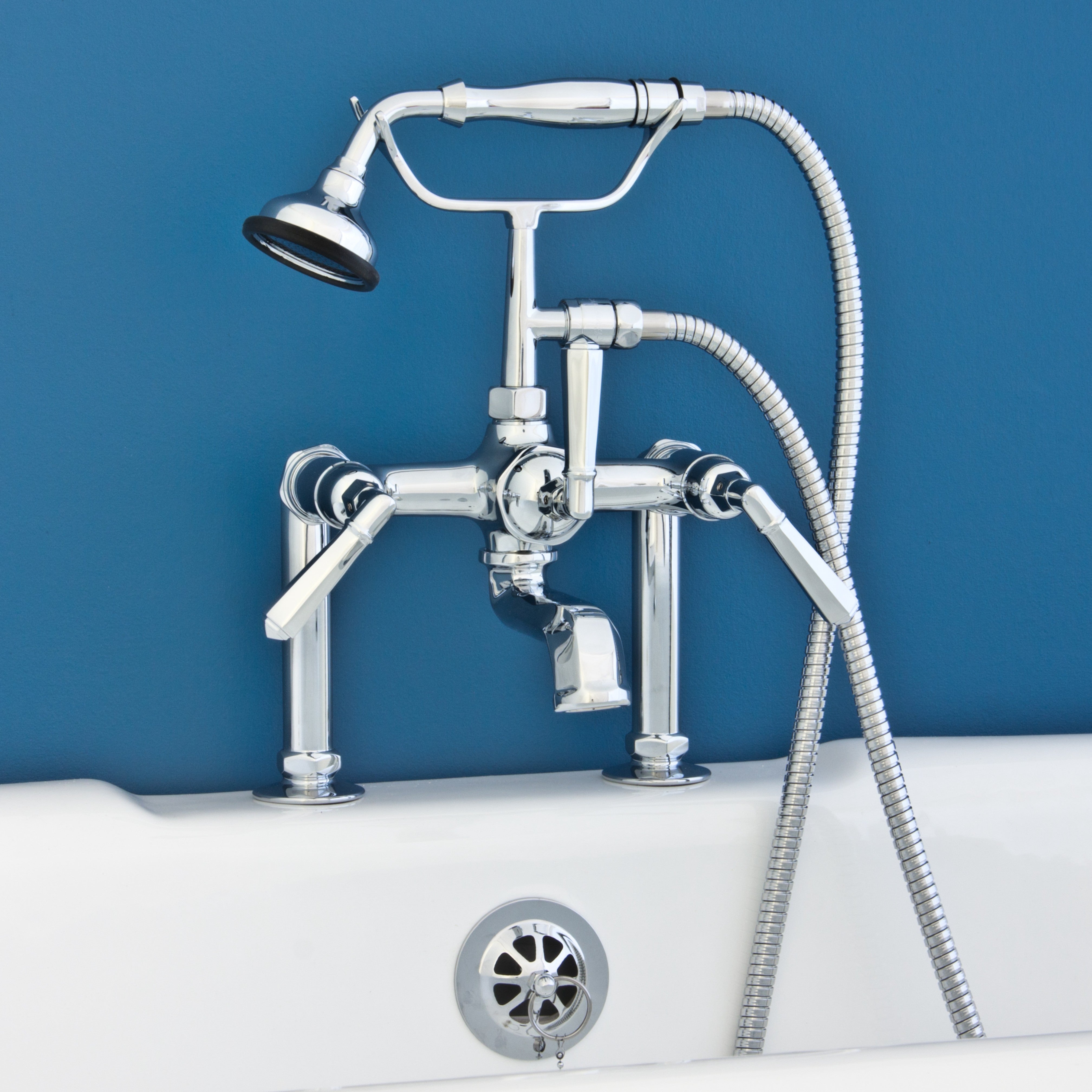 British Telephone Deck Mount Tub Faucet with Handheld Shower and Deco Lever Handles P1009 | Strom Living