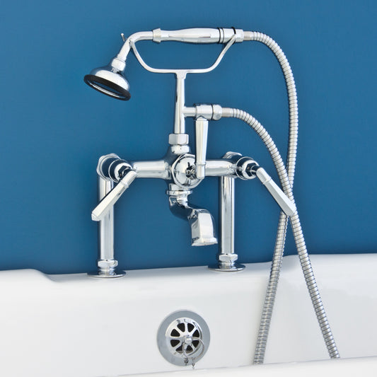 Strom Living British Telephone Deck Mount Tub Faucet with Handheld Shower and Deco Lever Handles