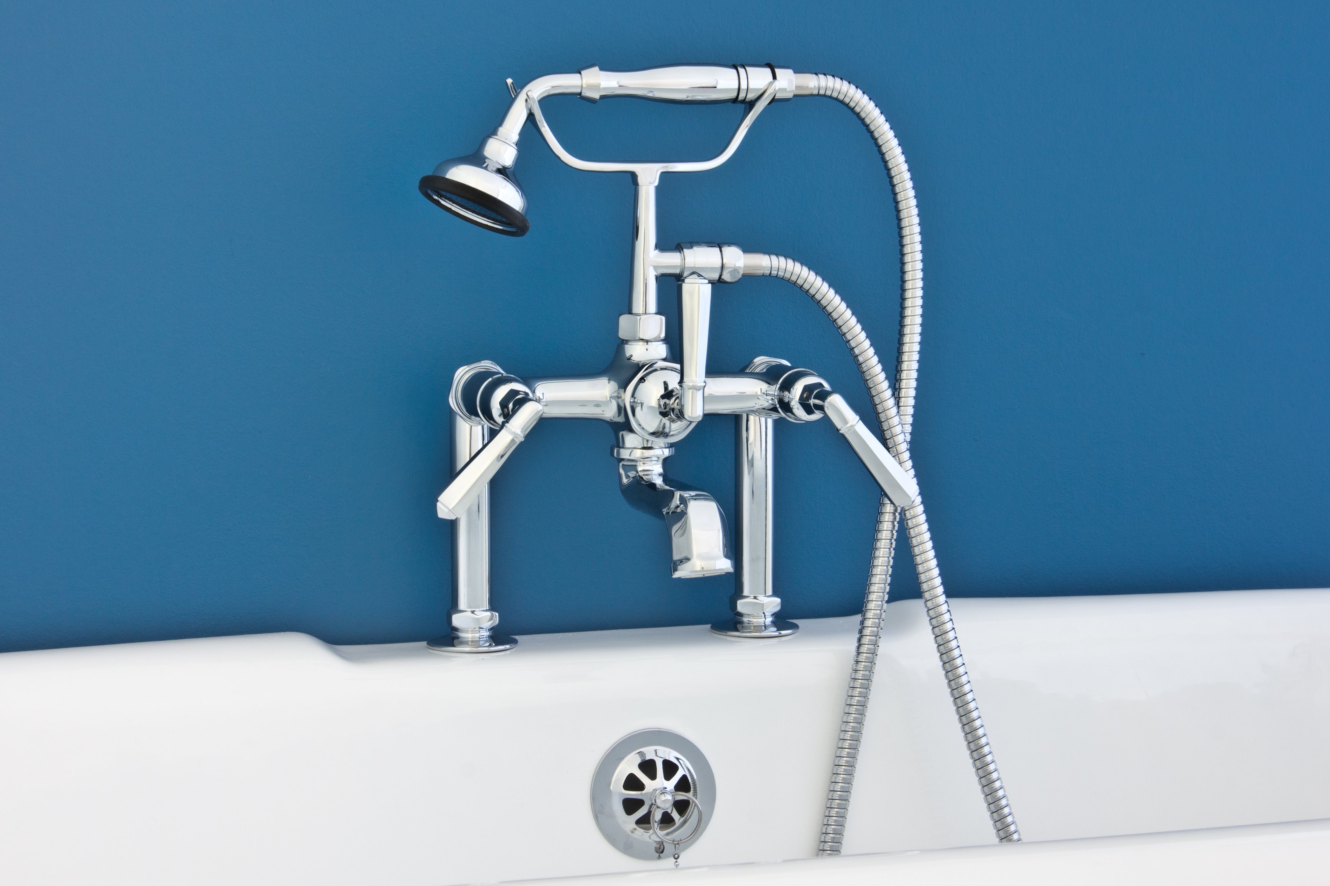 British Telephone Deck Mount Tub Faucet with Handheld Shower and Deco Lever Handles P1009 | Strom Living