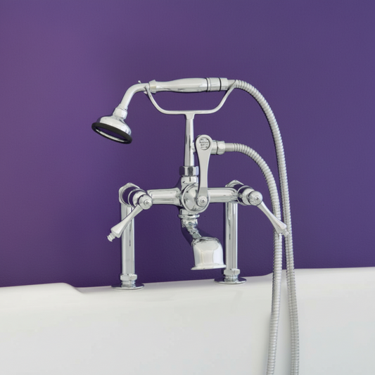 Strom Living British Telephone Deck Mount Tub Faucet with Handheld Shower and Diverter Handles