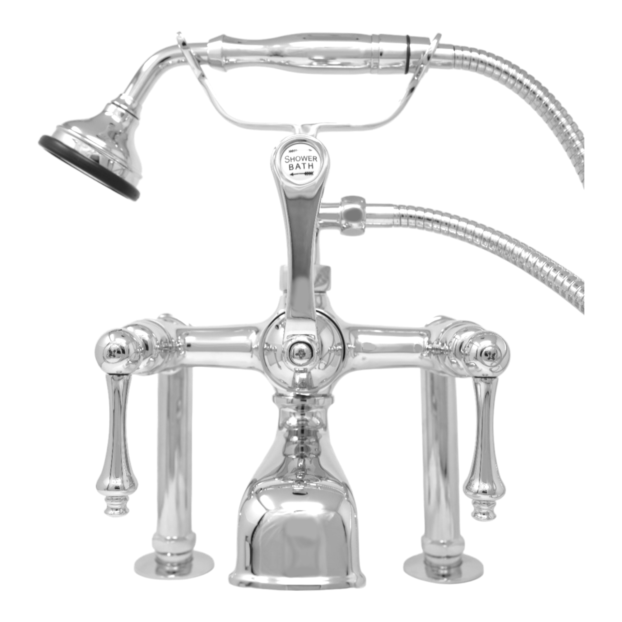 British Telephone Deck Mount Tub Faucet with Handheld Shower and Diverter Handles P1013 | Strom Living