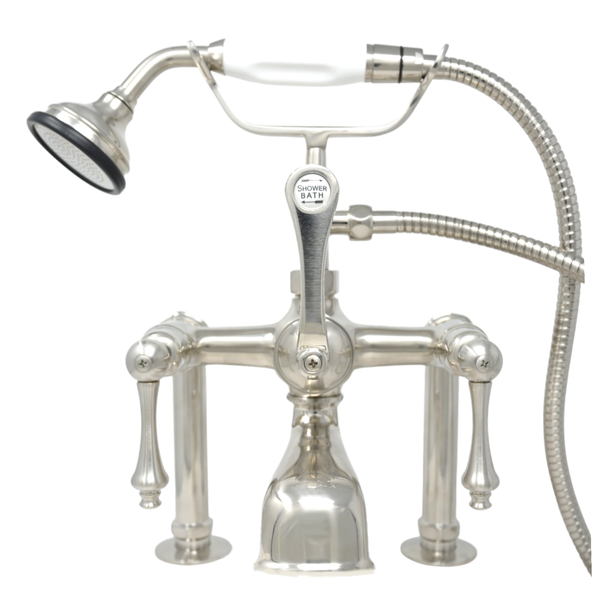 British Telephone Deck Mount Tub Faucet with Handheld Shower and Diverter Handles P1013 | Strom Living