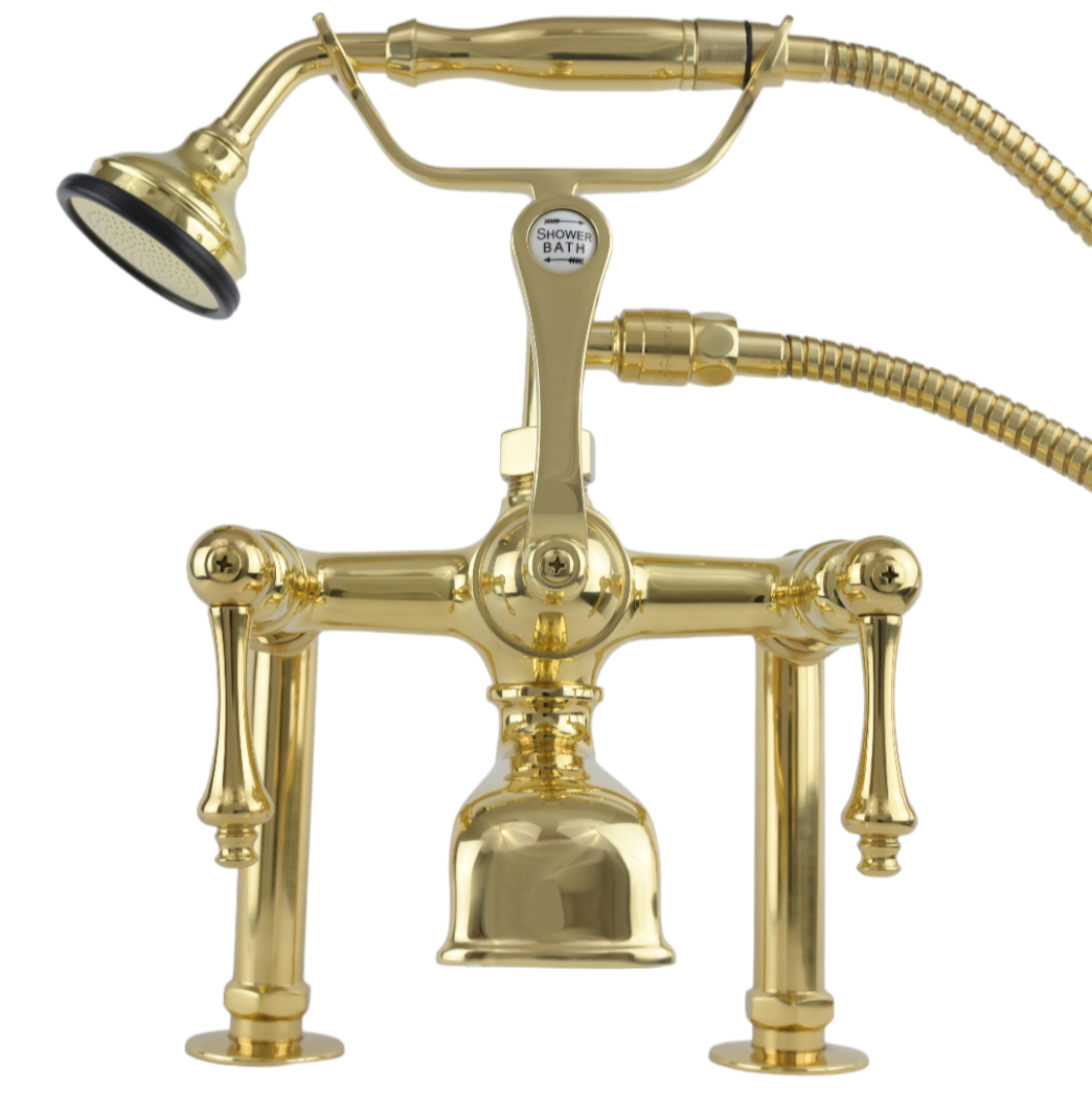 British Telephone Deck Mount Tub Faucet with Handheld Shower and Diverter Handles P1013 | Strom Living