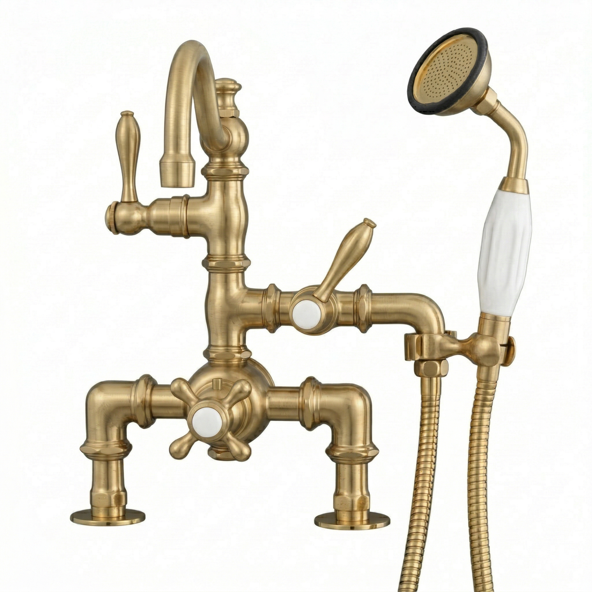 Thermostatic Deck Mount Tub Faucet w/ Handheld P1015 | Strom Living Satin Brass - Tub Fillers