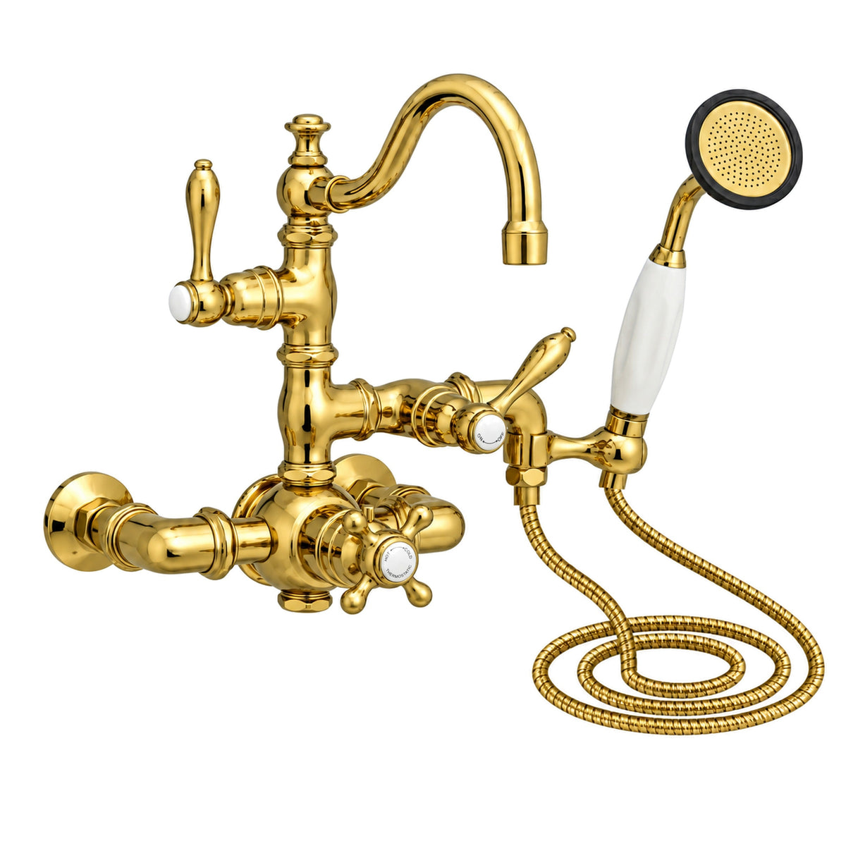 Thermostatic Wall Mount Tub Faucet w/ Handheld P1016 in Supercoat Brass / Polished Brass