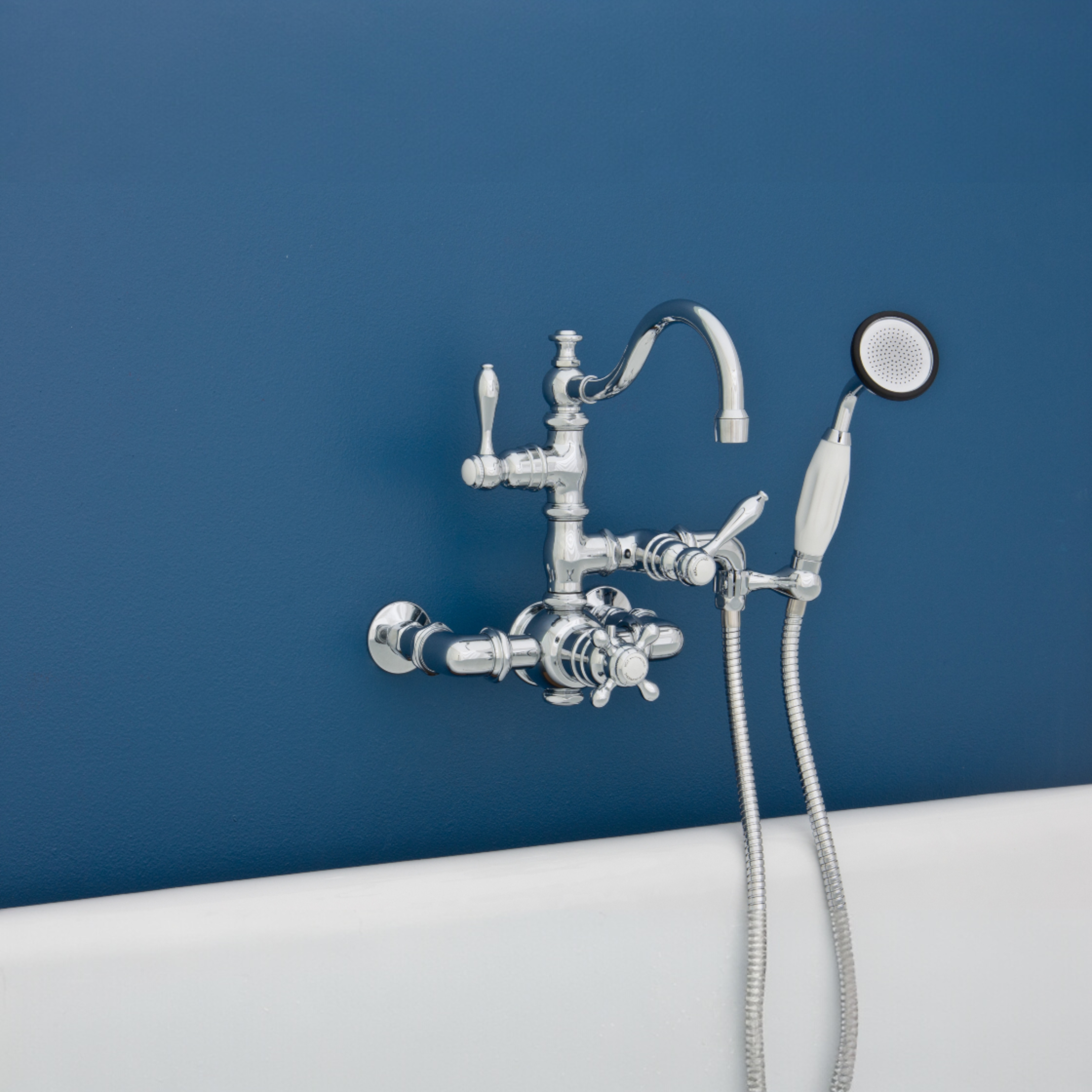 Thermostatic Tub Faucet with Fixed Arched Spout and Handheld Shower P1016 | Strom Living