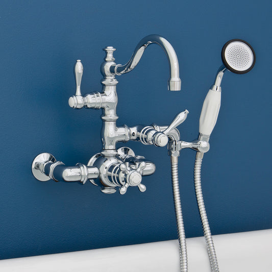 Strom Living Thermostatic Tub Faucet with Fixed Arched Spout and Handheld Shower