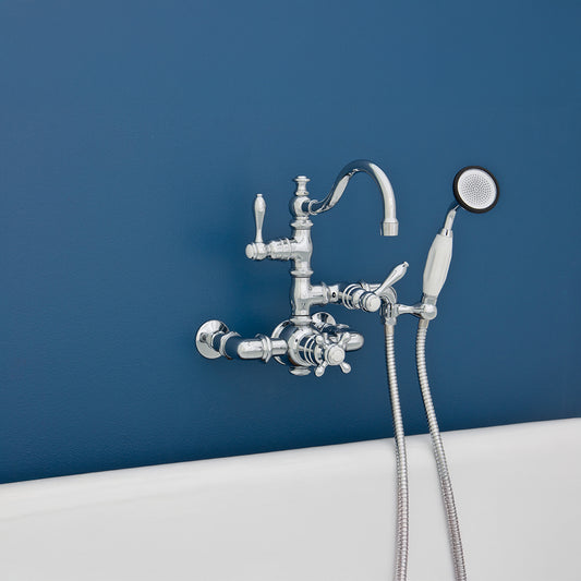 Strom Living Thermostatic Tub Faucet with Fixed Arched Spout and Handheld Shower