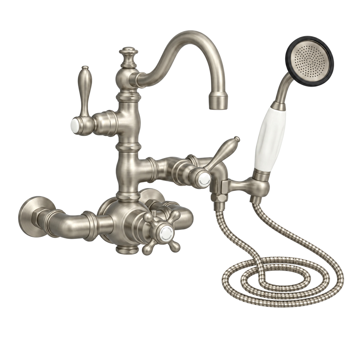 Thermostatic Wall Mount Tub Faucet w/ Handheld P1016 in Matte Nickel