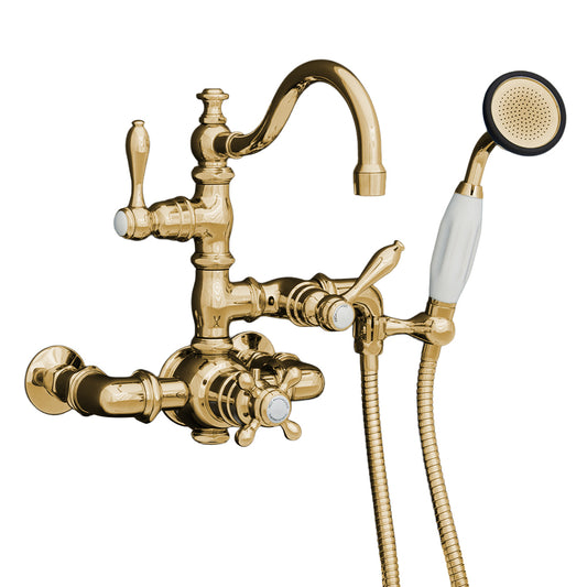 Strom Living Thermostatic Tub Faucet with Fixed Arched Spout and Handheld Shower