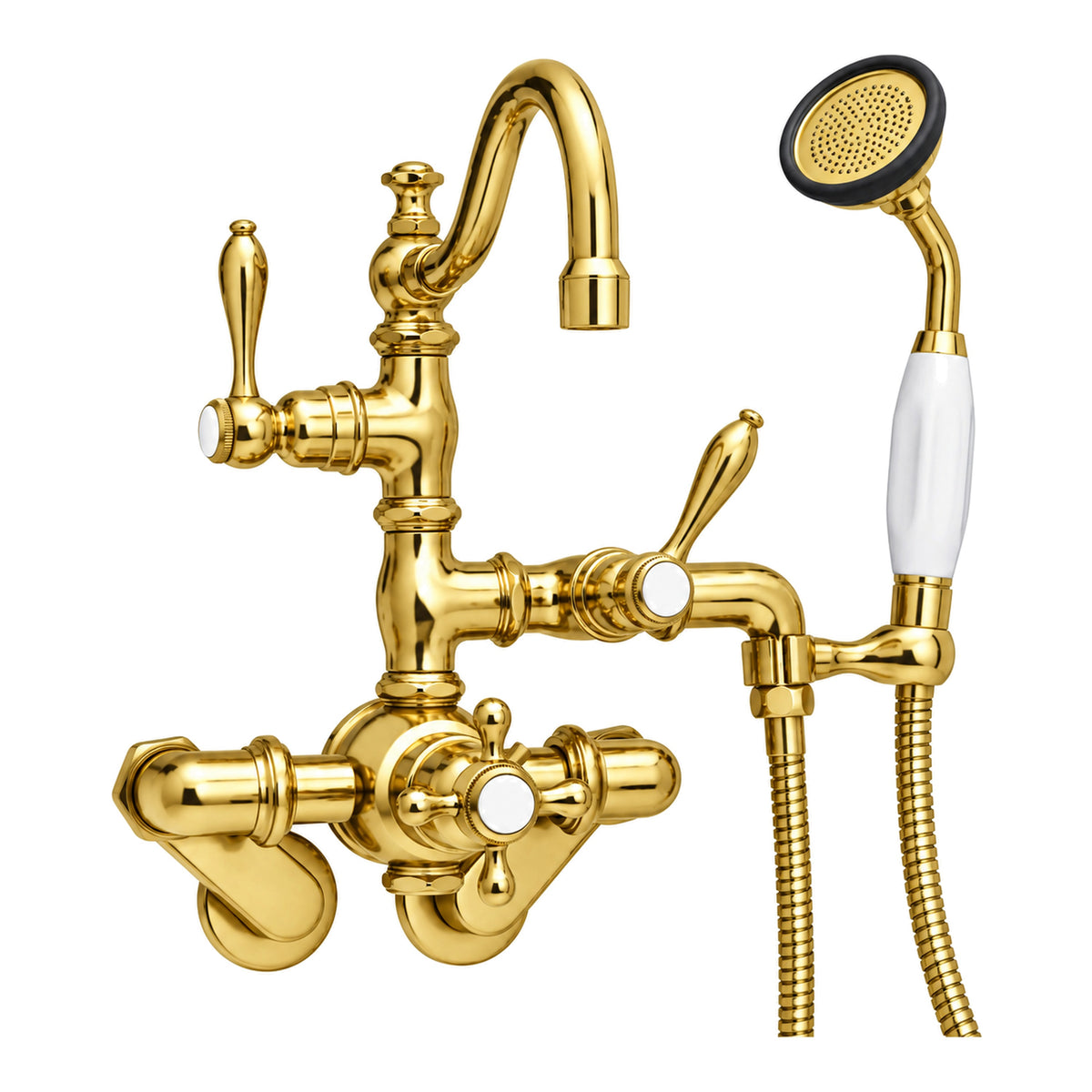 Thermostatic Tub Faucet Cross Handles w/ Handheld P1017 in Supercoat Brass / Polished Brass
