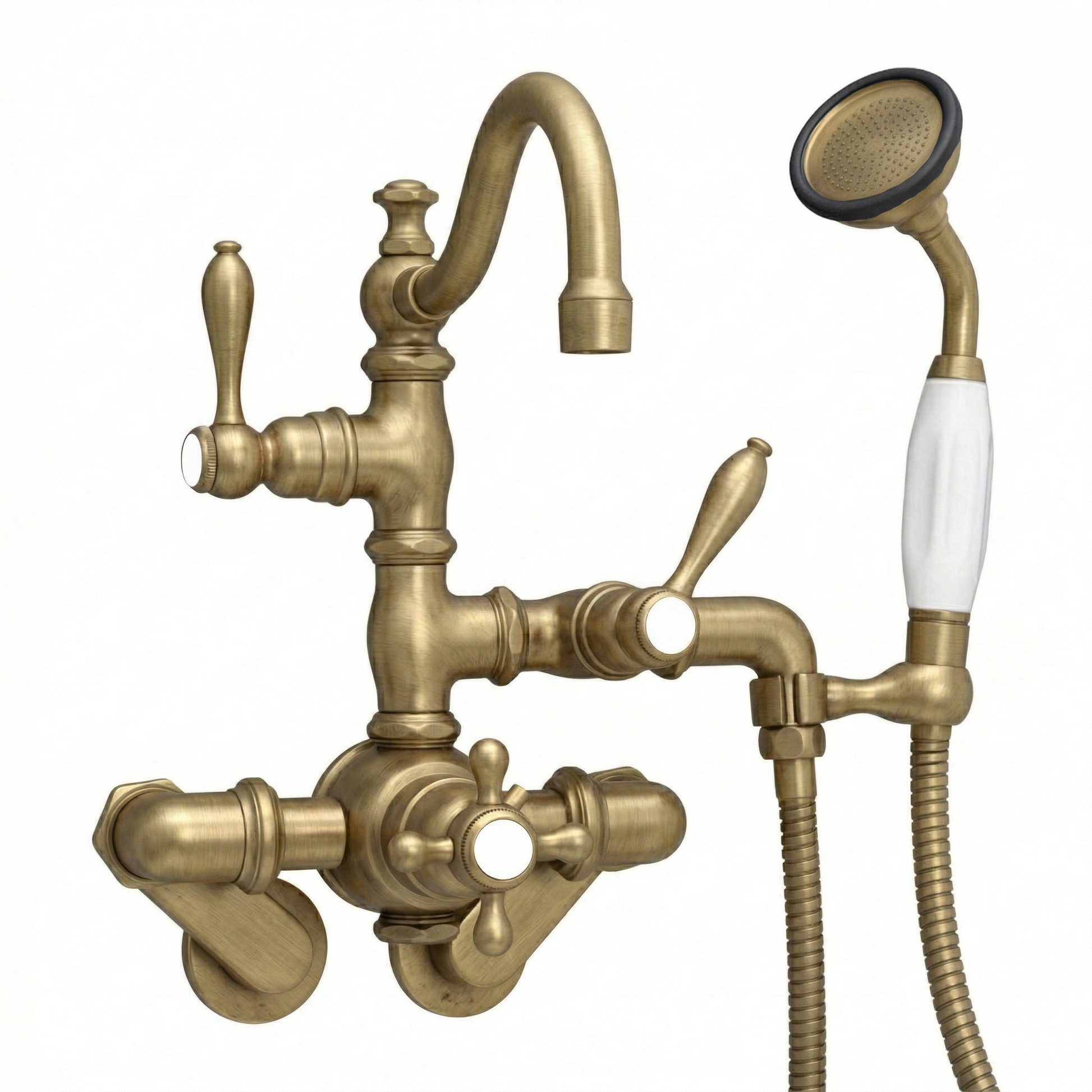 Thermostatic Tub Faucet Cross Handles w/ Handheld P1017 | Strom Living Satin Brass - Tub Fillers
