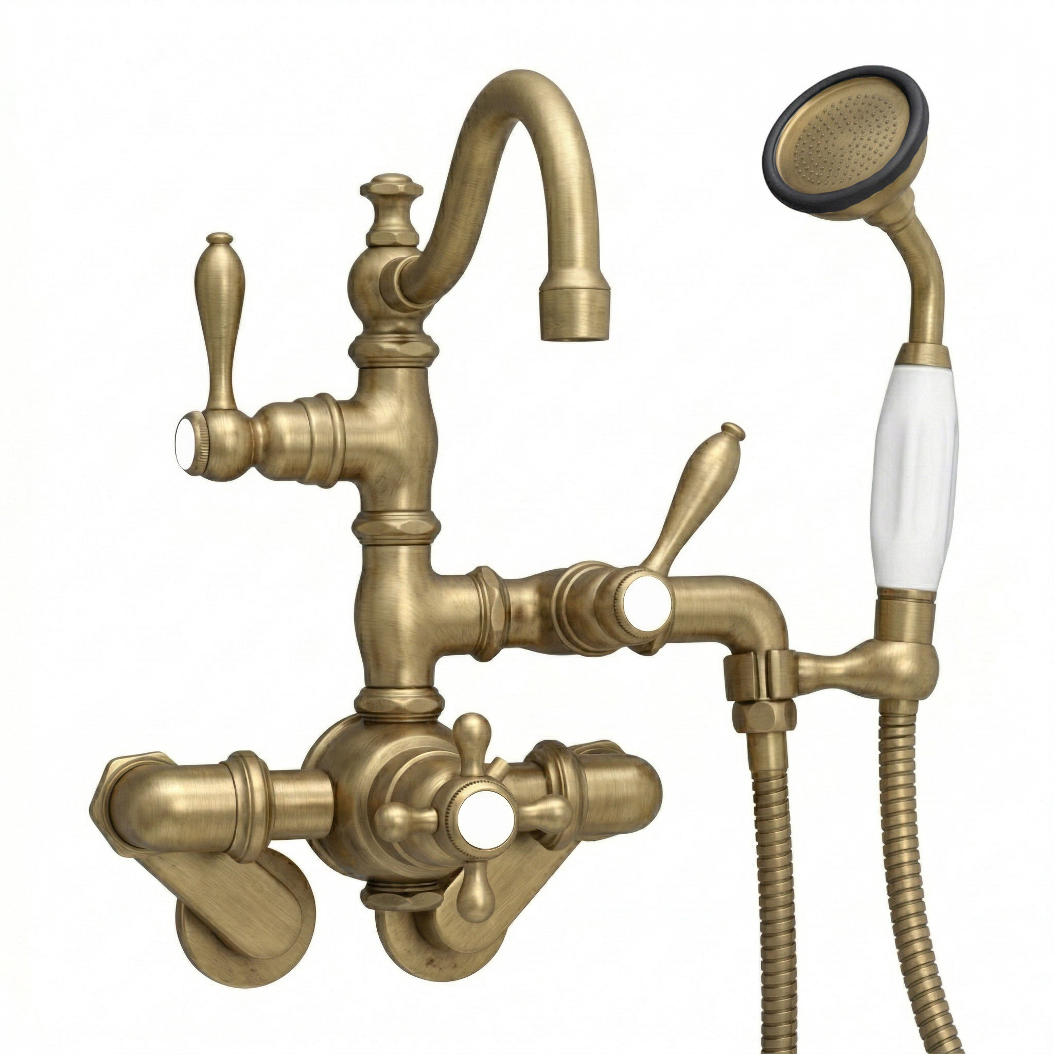 Thermostatic Tub Faucet Cross Handles w/ Handheld P1017 | Strom Living Satin Brass - Tub Fillers