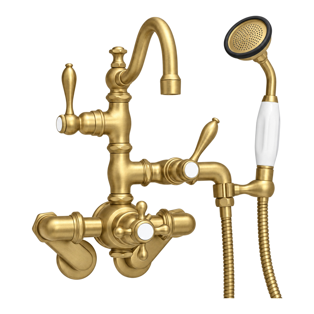 Thermostatic Tub Faucet Cross Handles w/ Handheld P1017 in Satin Brass