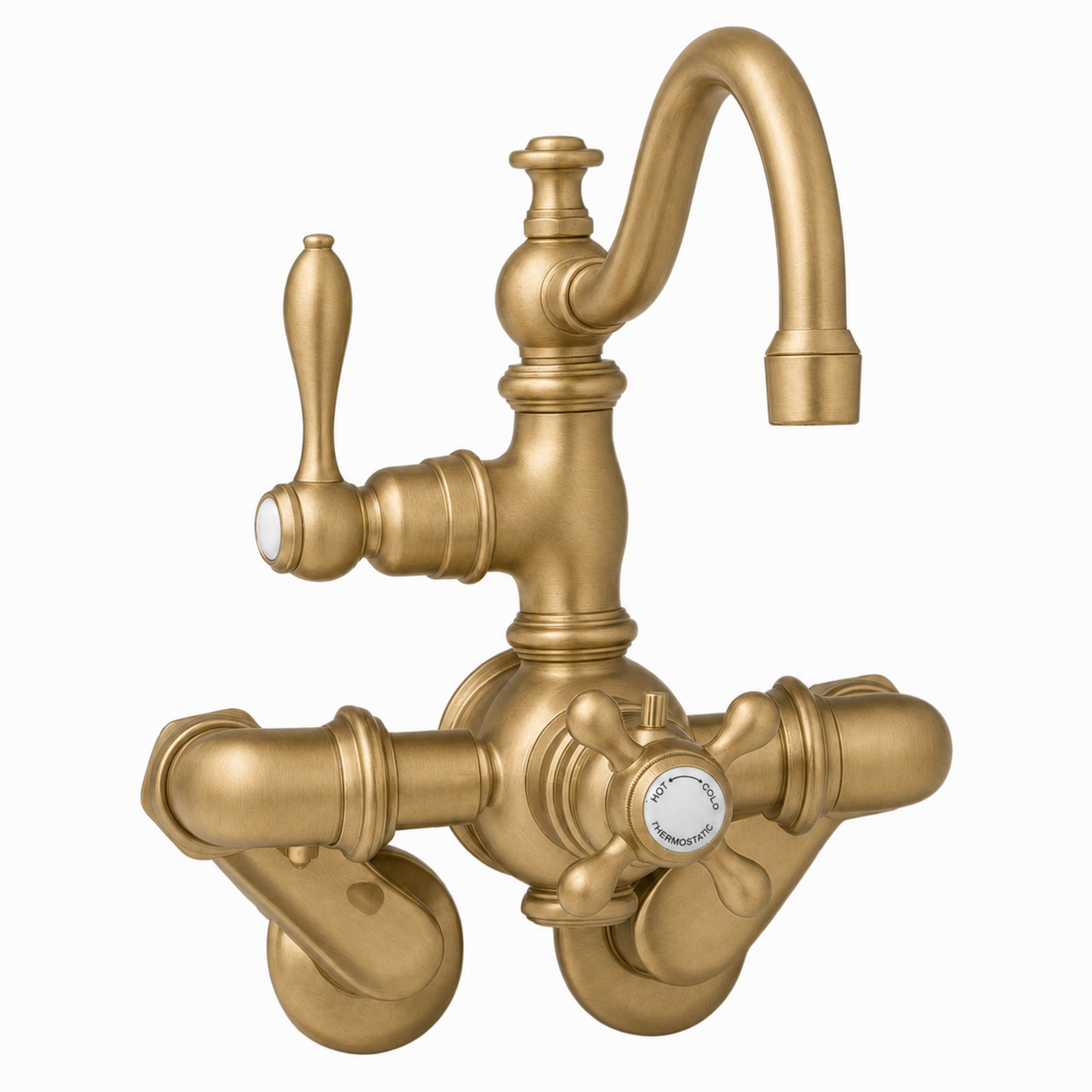 Thermostatic Wall Mount Tub Faucet Arched Spout P1018 | Strom Living Satin Brass - Tub Fillers