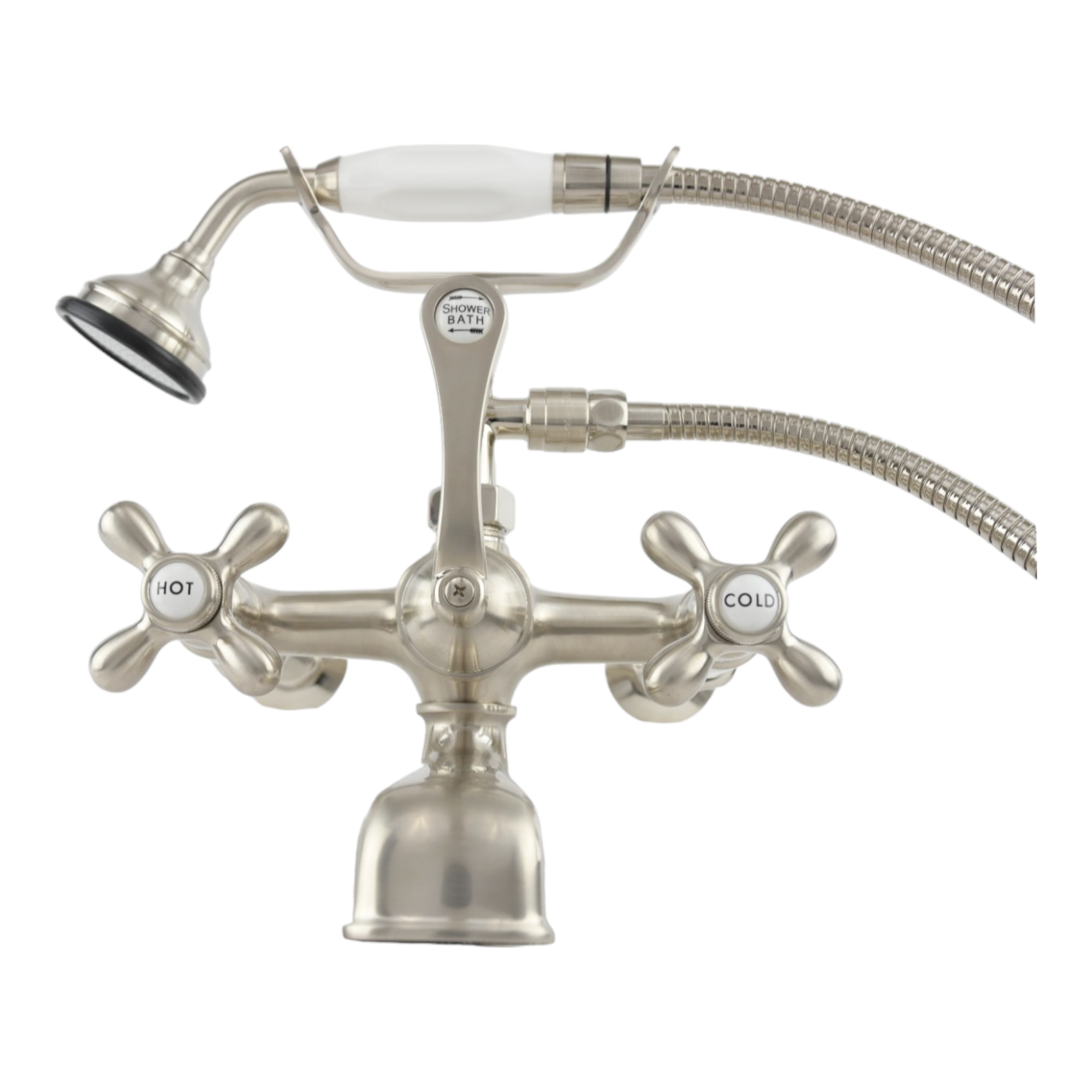 British Telephone Wall Mount Faucet P1027 | Strom Living Matte Nickel Cross-Point Handles - Tub Fillers