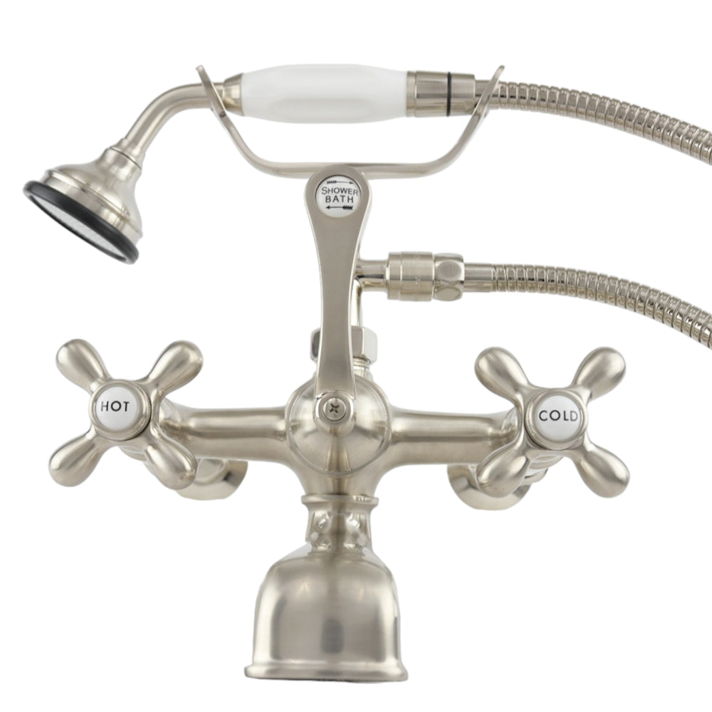 British Telephone Wall Mount Faucet with Cross Handles and 7" Center Faucet Body P1027 | Strom Living