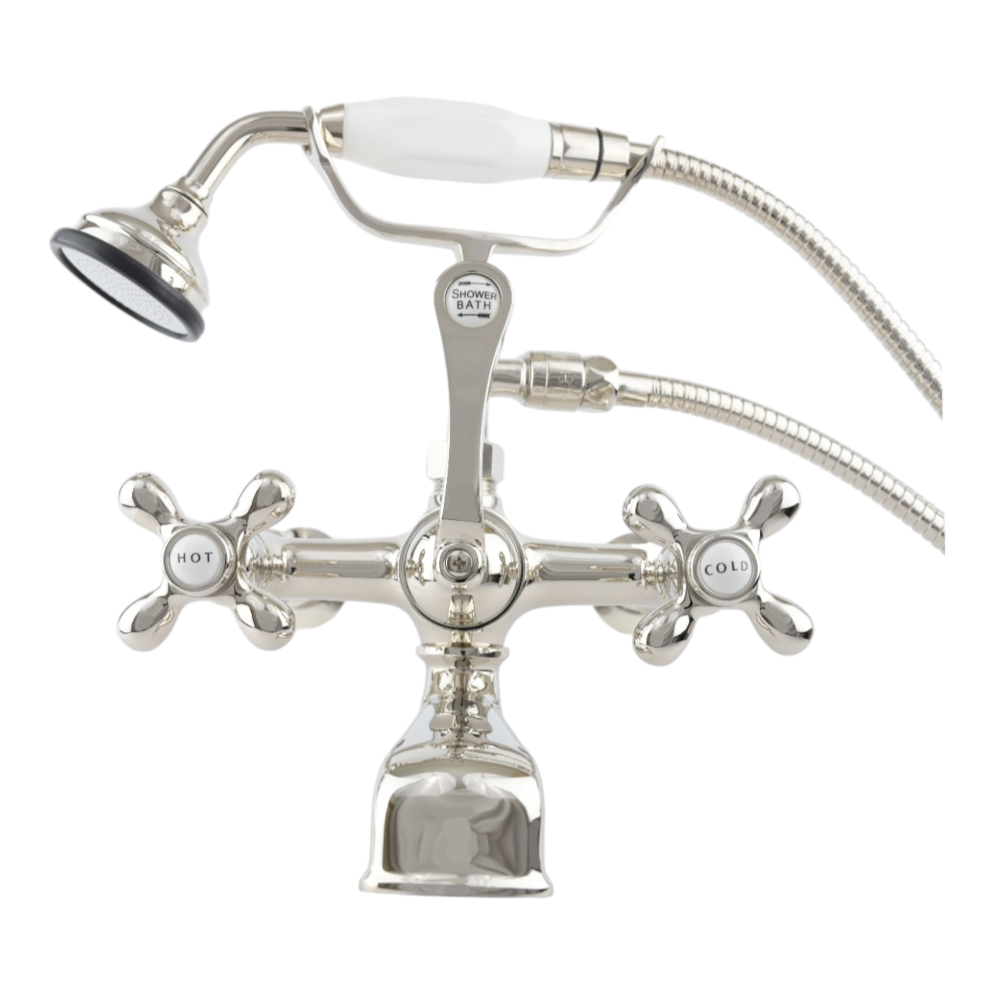 British Telephone Wall Mount Faucet P1027 | Strom Living Polished Nickel Cross-Point Handles - Tub Fillers