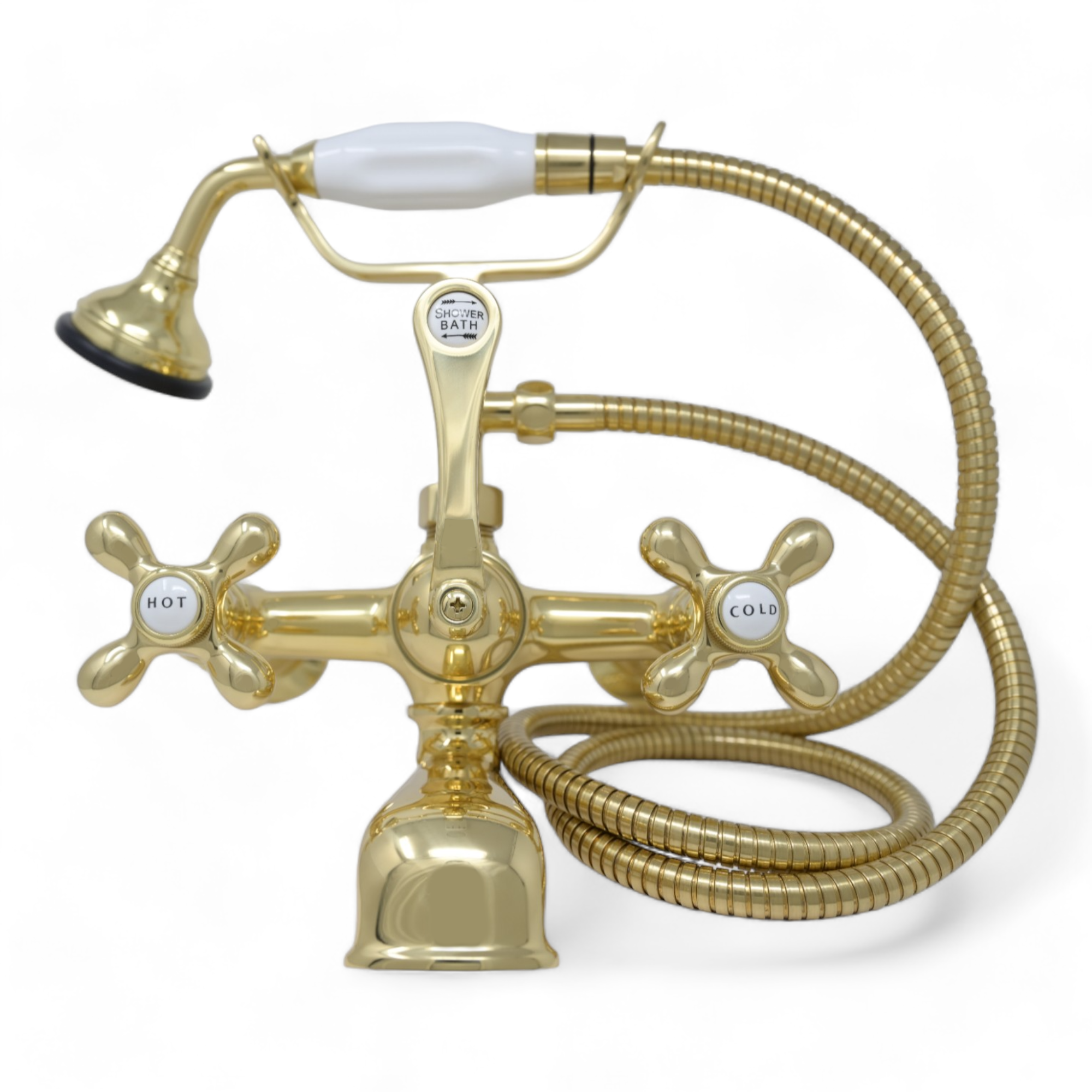 British Telephone Wall Mount Faucet P1027 | Strom Living Polished Brass Cross-Point Handles - Tub Fillers