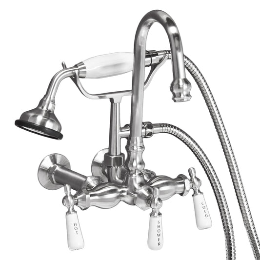 Strom Living Gooseneck Faucet with Porcelain Lever Handles and Porcelain Shower Handle