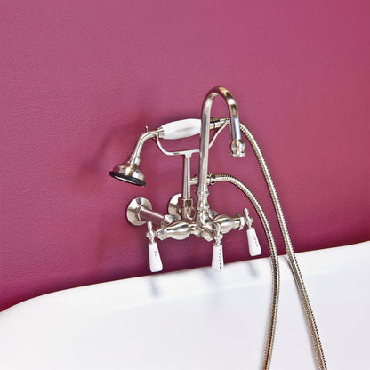 Strom Living Gooseneck Faucet with Porcelain Lever Handles and Porcelain Shower Handle