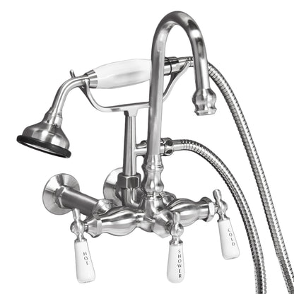 Strom Living Gooseneck Faucet with Porcelain Lever Handles and Porcelain Shower Handle