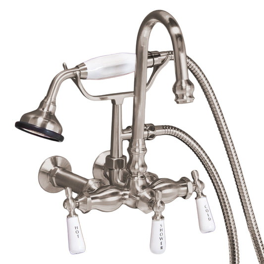 Strom Living Gooseneck Faucet with Porcelain Lever Handles and Porcelain Shower Handle