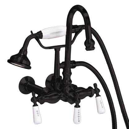 Strom Living Gooseneck Faucet with Porcelain Lever Handles and Porcelain Shower Handle