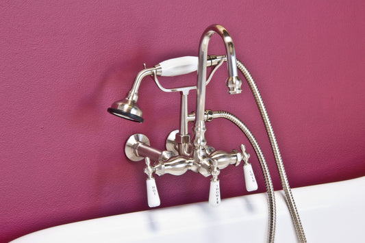 Strom Living Gooseneck Faucet with Porcelain Lever Handles and Porcelain Shower Handle