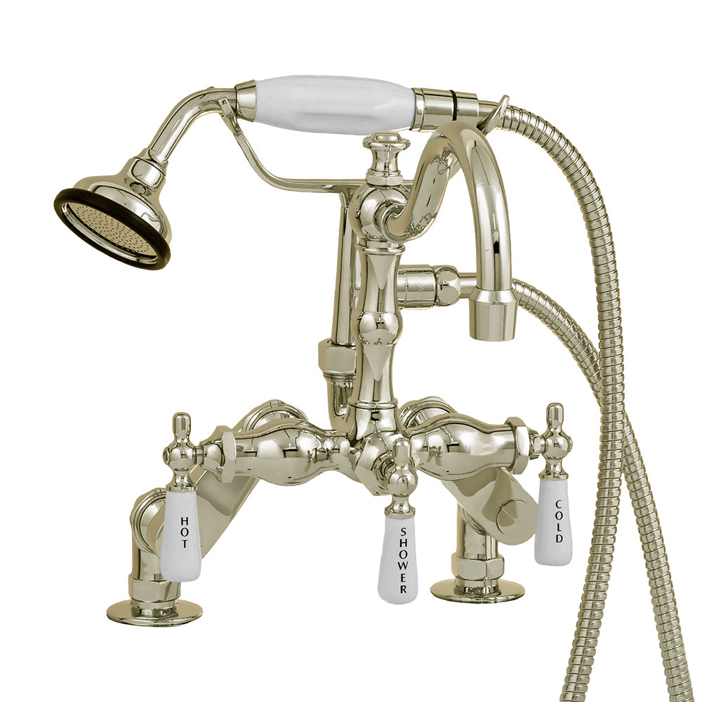 Strom Living Deck Mount Faucet with Handheld Shower and Vacuum Breaker