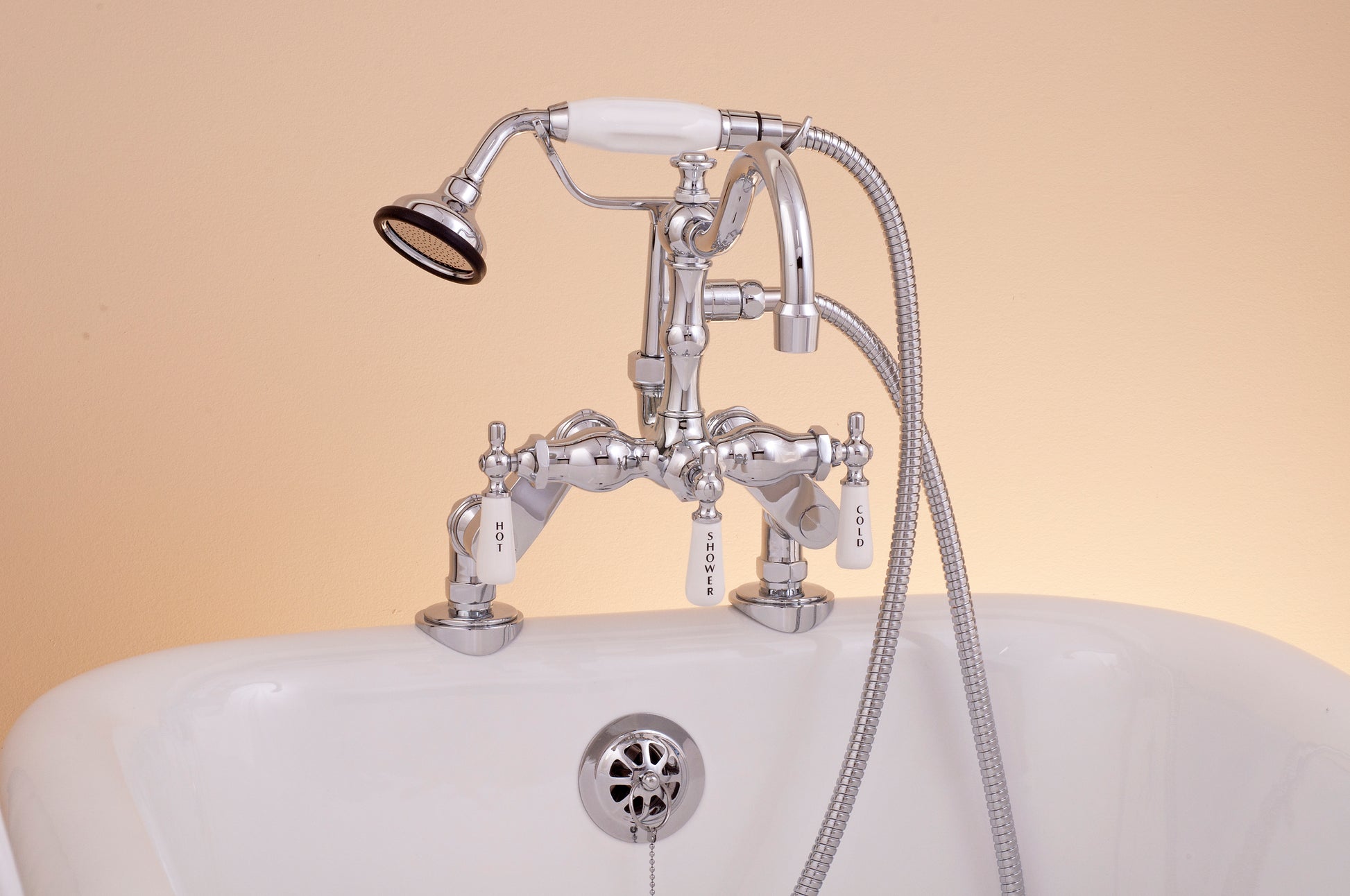 Strom Living Deck Mount Faucet with Handheld Shower and Vacuum Breaker