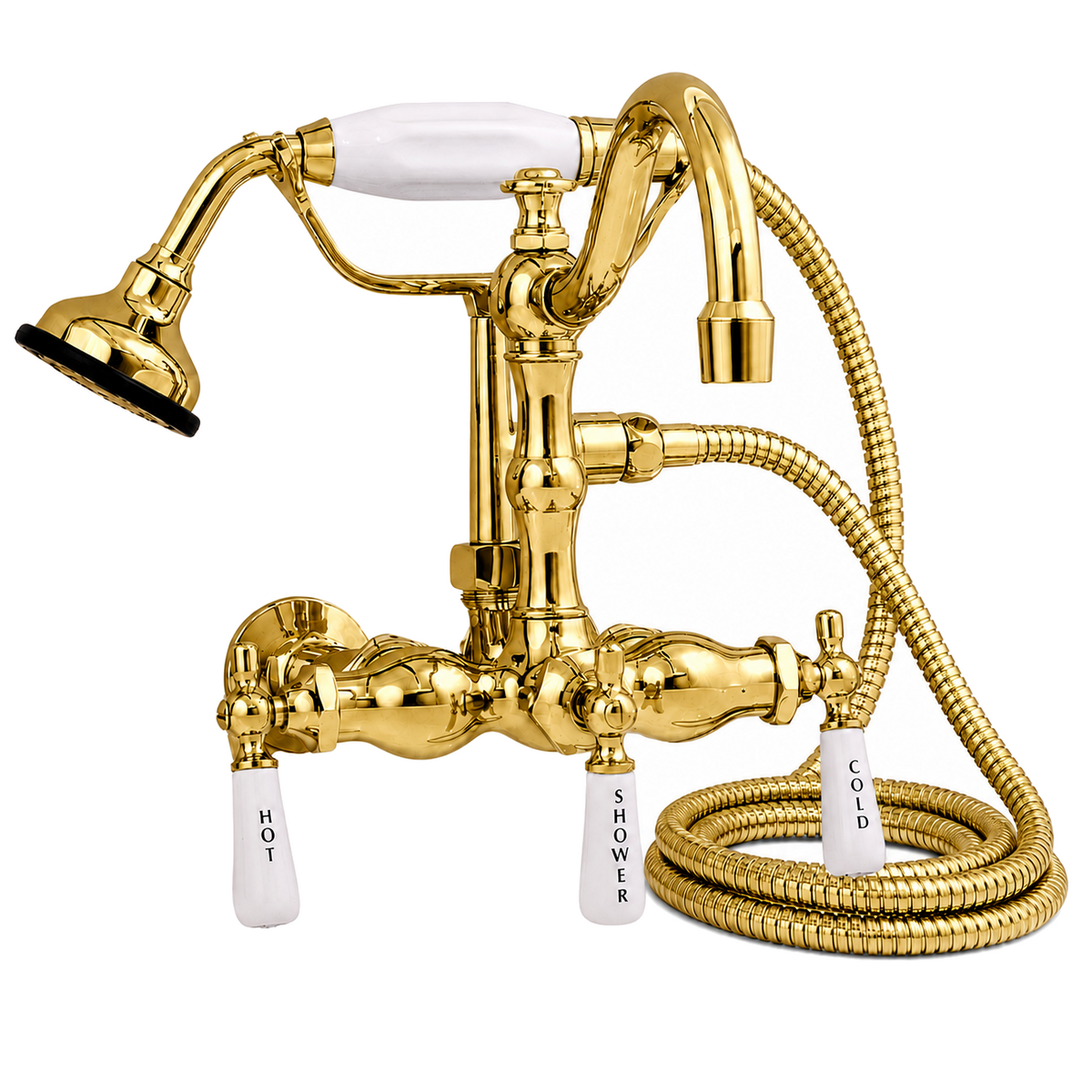 Wall Mount Tub Faucet Lever w/ Handheld P1055 | Strom Living Polished Brass - Tub Fillers