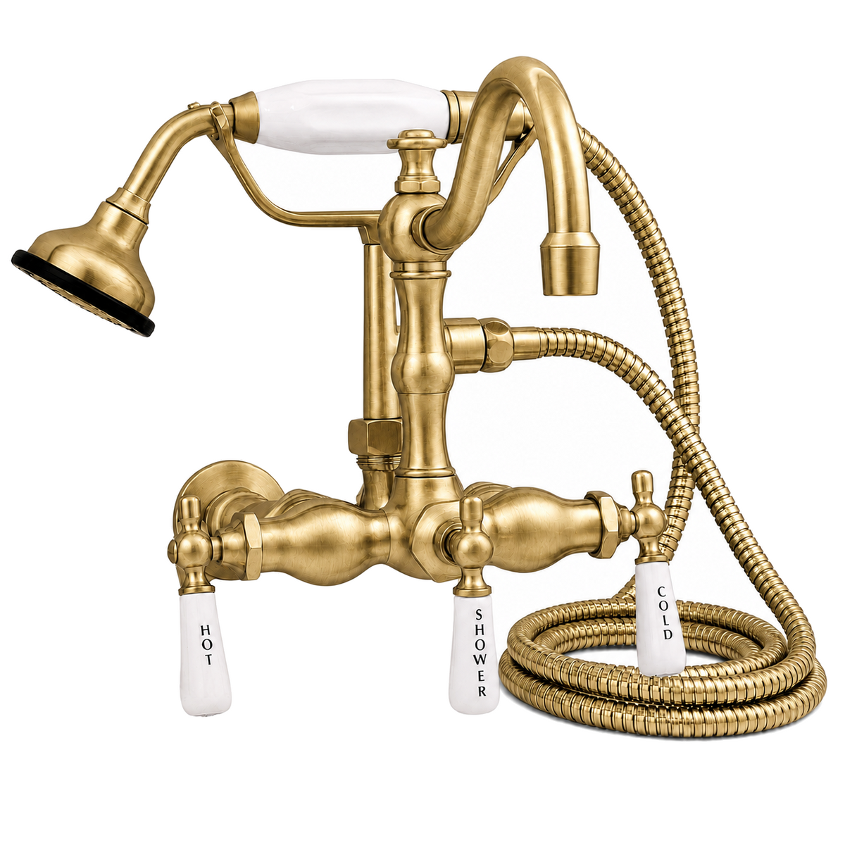 Wall Mount Tub Faucet Lever w/ Handheld P1055 | Strom Living Satin Brass - Tub Fillers