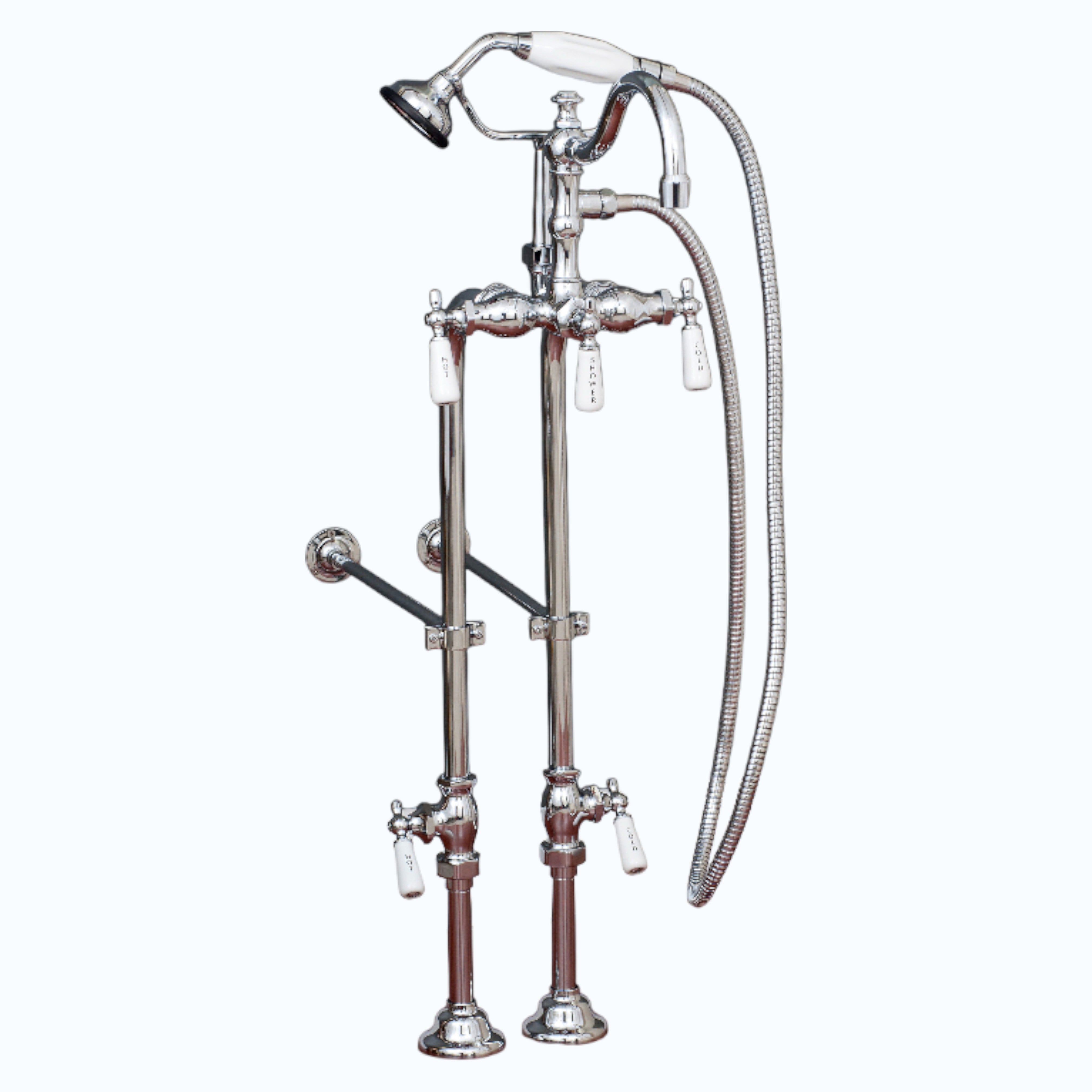 Freestanding Tub Filler Faucet with Handheld Shower/ Porcelain Levers and Rim Supply Set P1056 | Strom Living