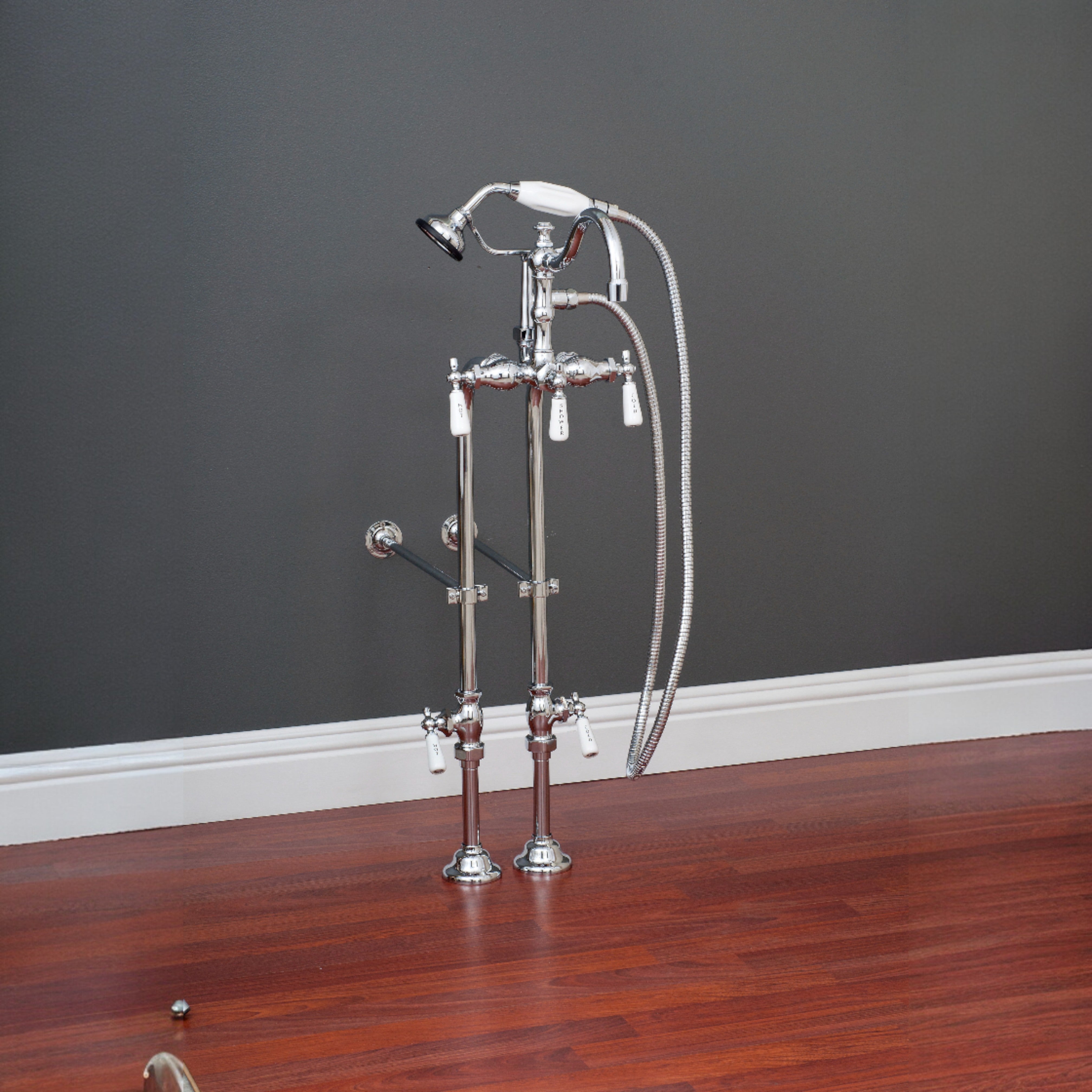 Freestanding Tub Filler Faucet with Handheld Shower/ Porcelain Levers and Rim Supply Set P1056 | Strom Living