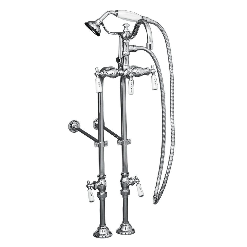 Strom Living Freestanding Tub Filler Faucet with Handheld Shower/ Porcelain Levers and Rim Supply Set