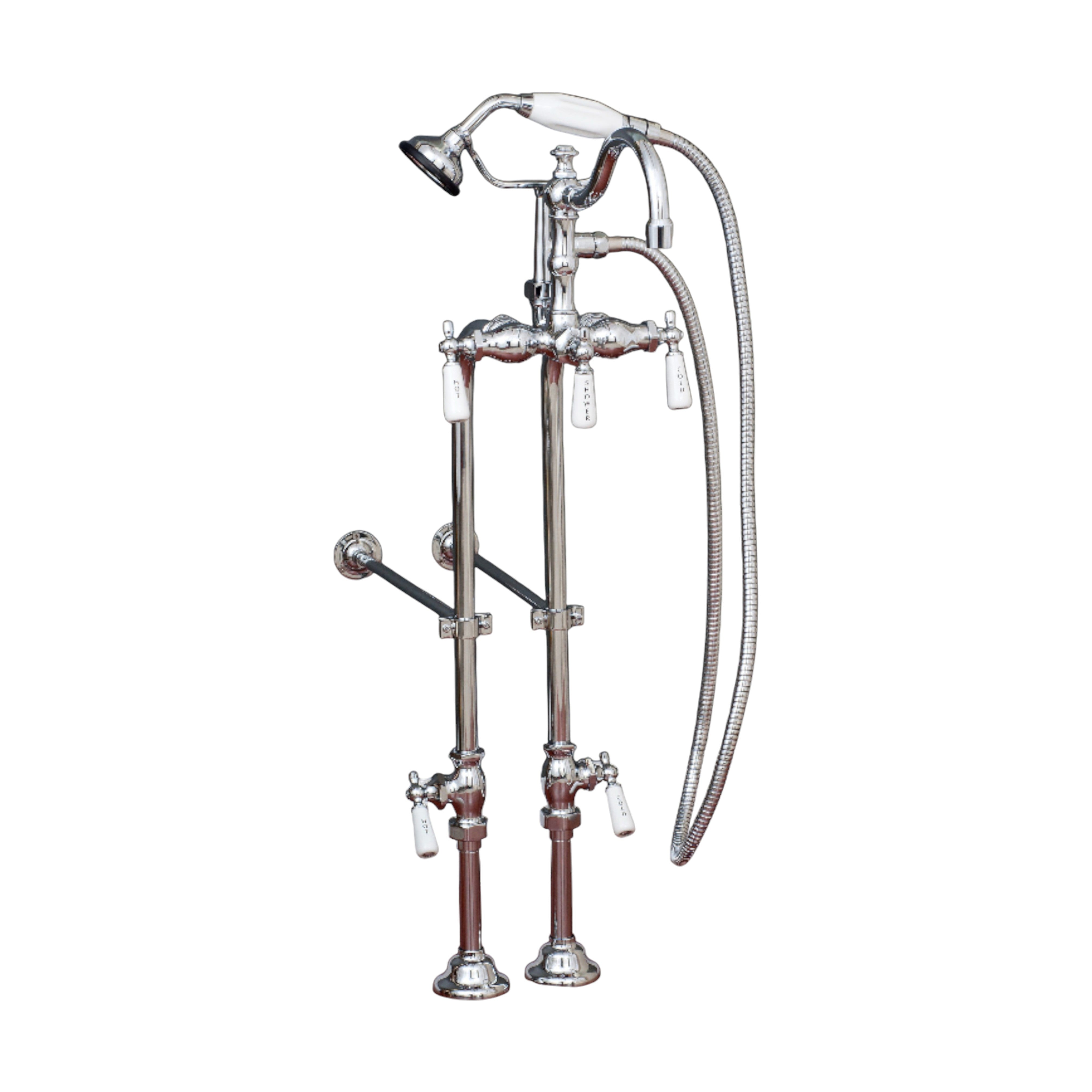 Freestanding Tub Filler Faucet with Handheld Shower/ Porcelain Levers and Rim Supply Set P1056 | Strom Living