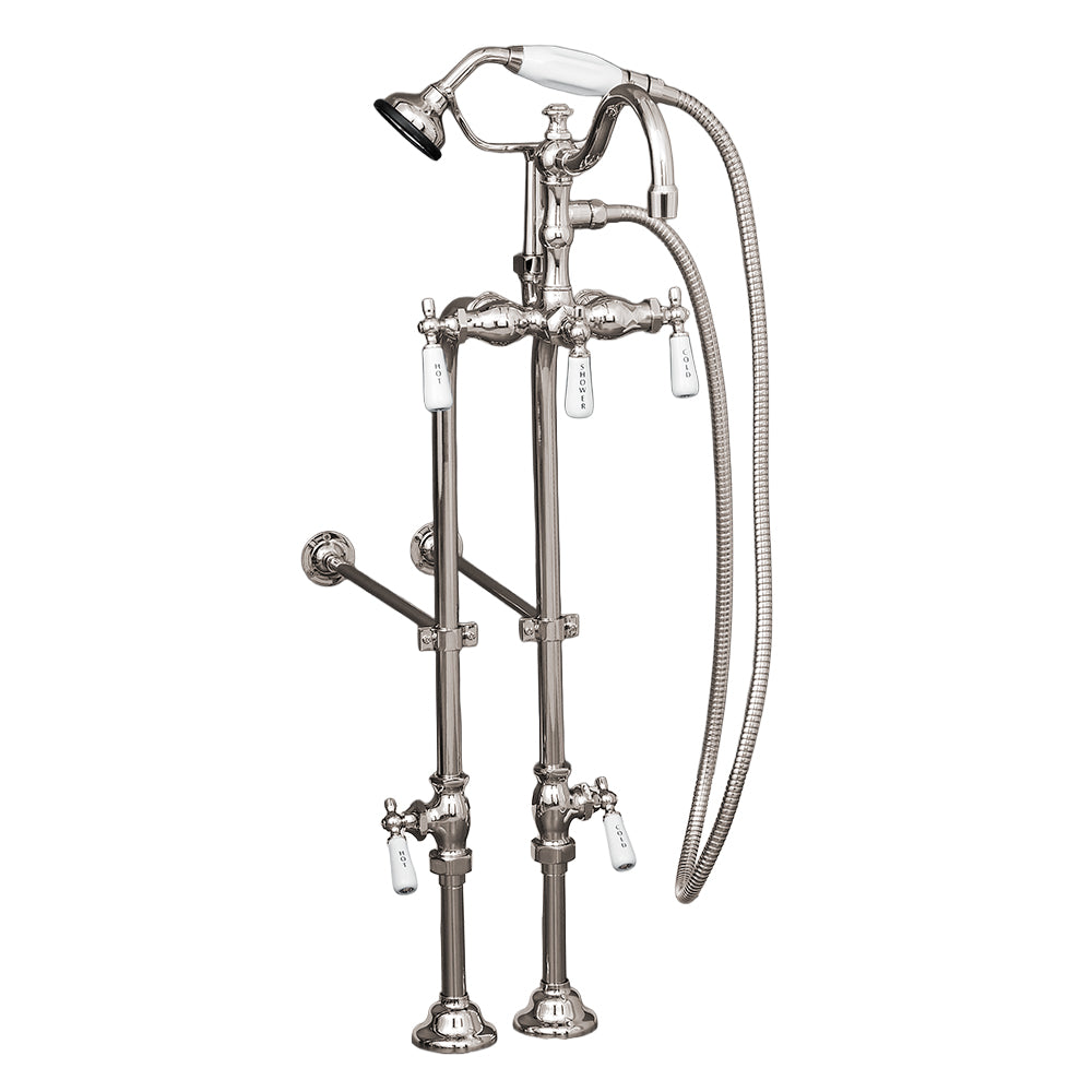 Strom Living Freestanding Tub Filler Faucet with Handheld Shower/ Porcelain Levers and Rim Supply Set