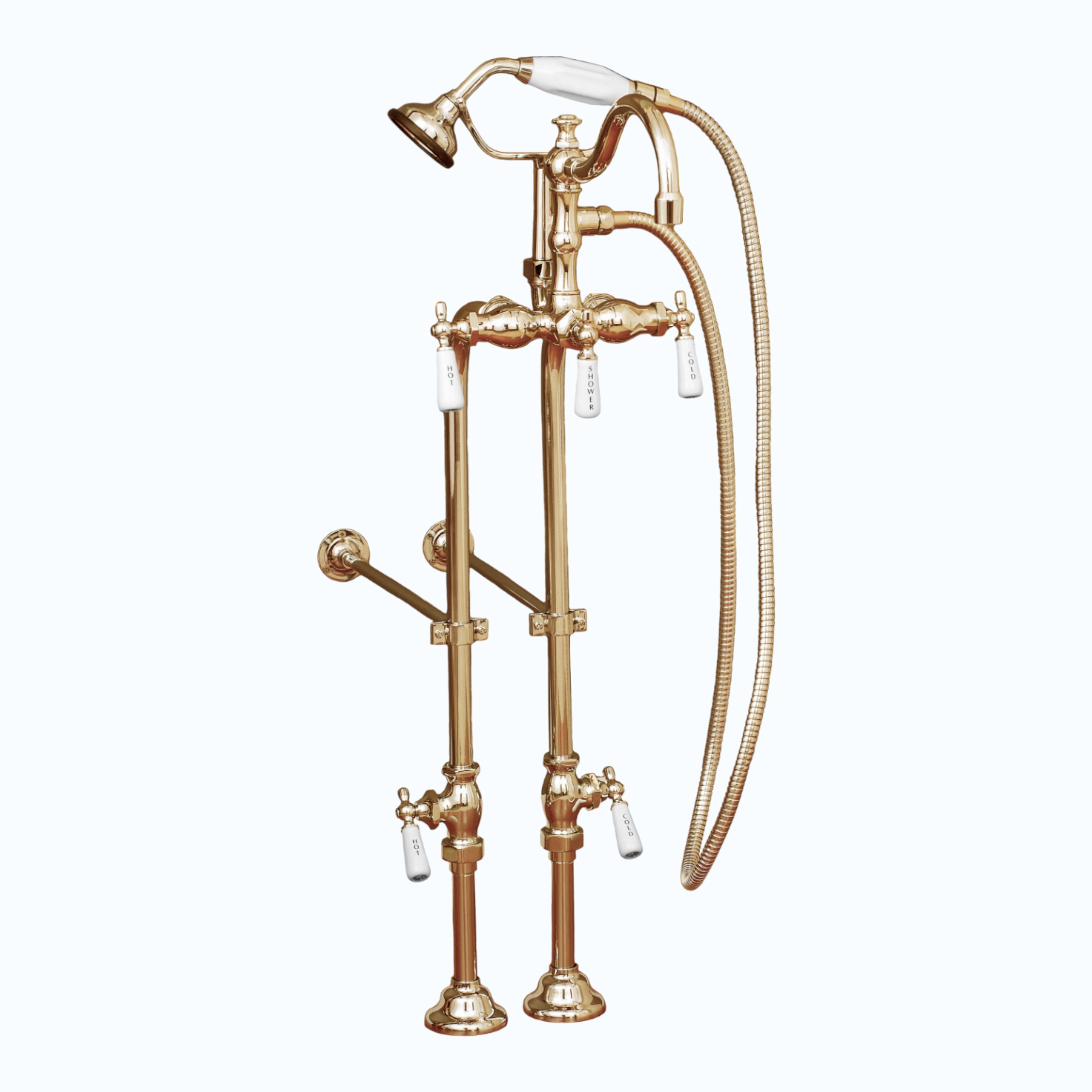 Freestanding Tub Filler Faucet with Handheld Shower/ Porcelain Levers and Rim Supply Set P1056 | Strom Living